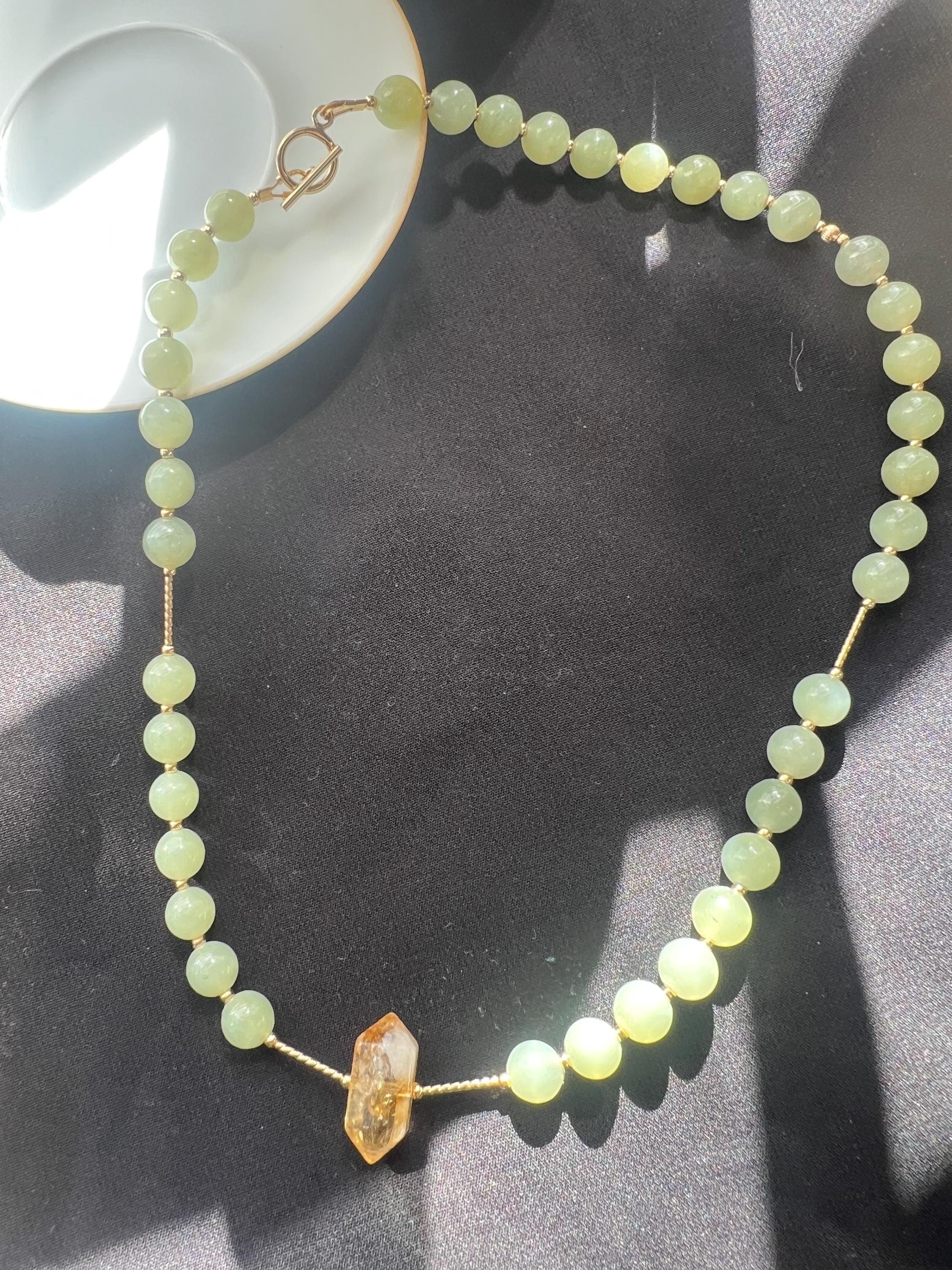 Green Jade Bead Necklace with Raw Citrine Pendant, Healing Crystal Necklace, Natural Jade Jewelry, Minimalist Crystal Necklace, Energy Jewel