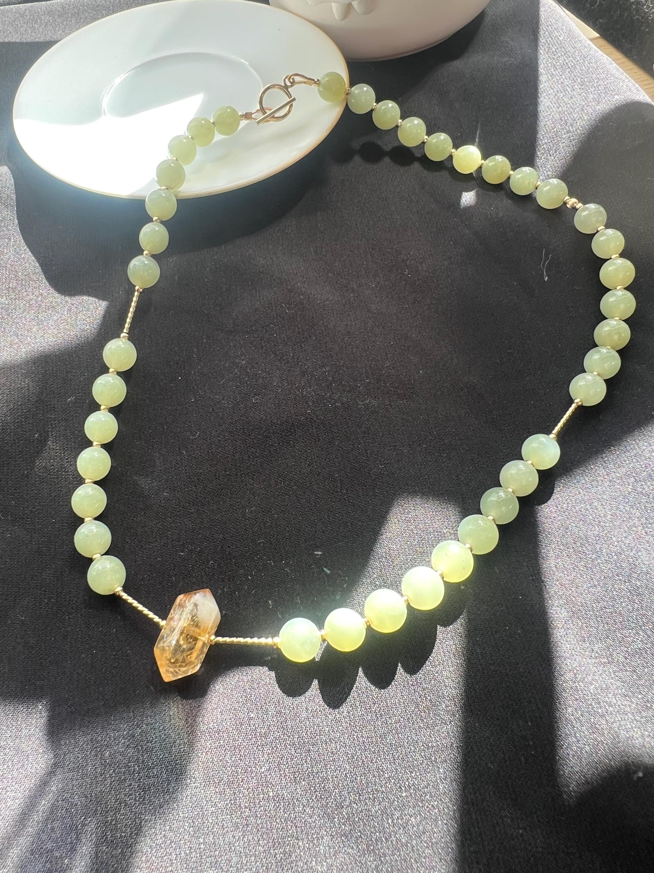 Green Jade Bead Necklace with Raw Citrine Pendant, Healing Crystal Necklace, Natural Jade Jewelry, Minimalist Crystal Necklace, Energy Jewel