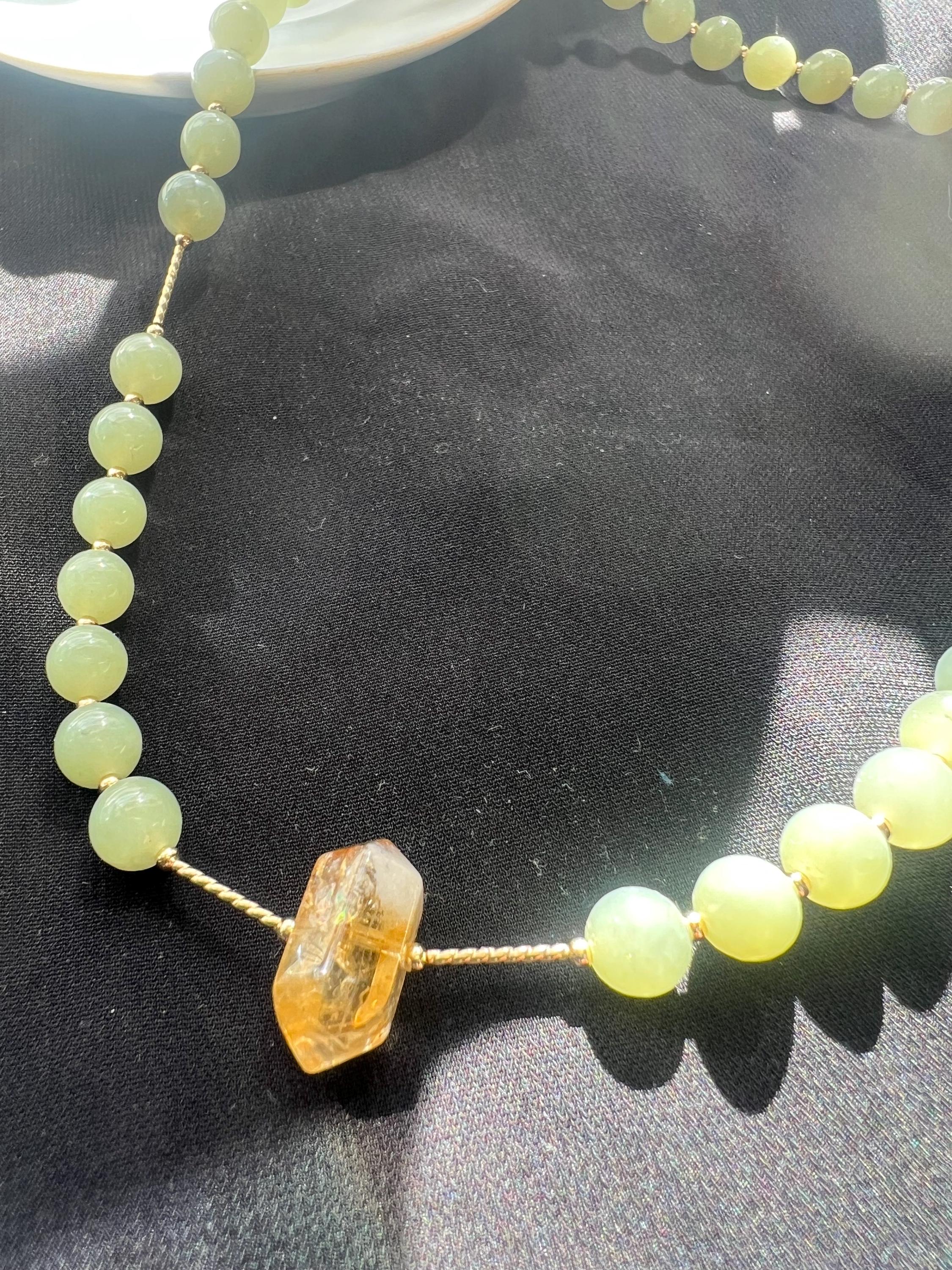 Green Jade Bead Necklace with Raw Citrine Pendant, Healing Crystal Necklace, Natural Jade Jewelry, Minimalist Crystal Necklace, Energy Jewel