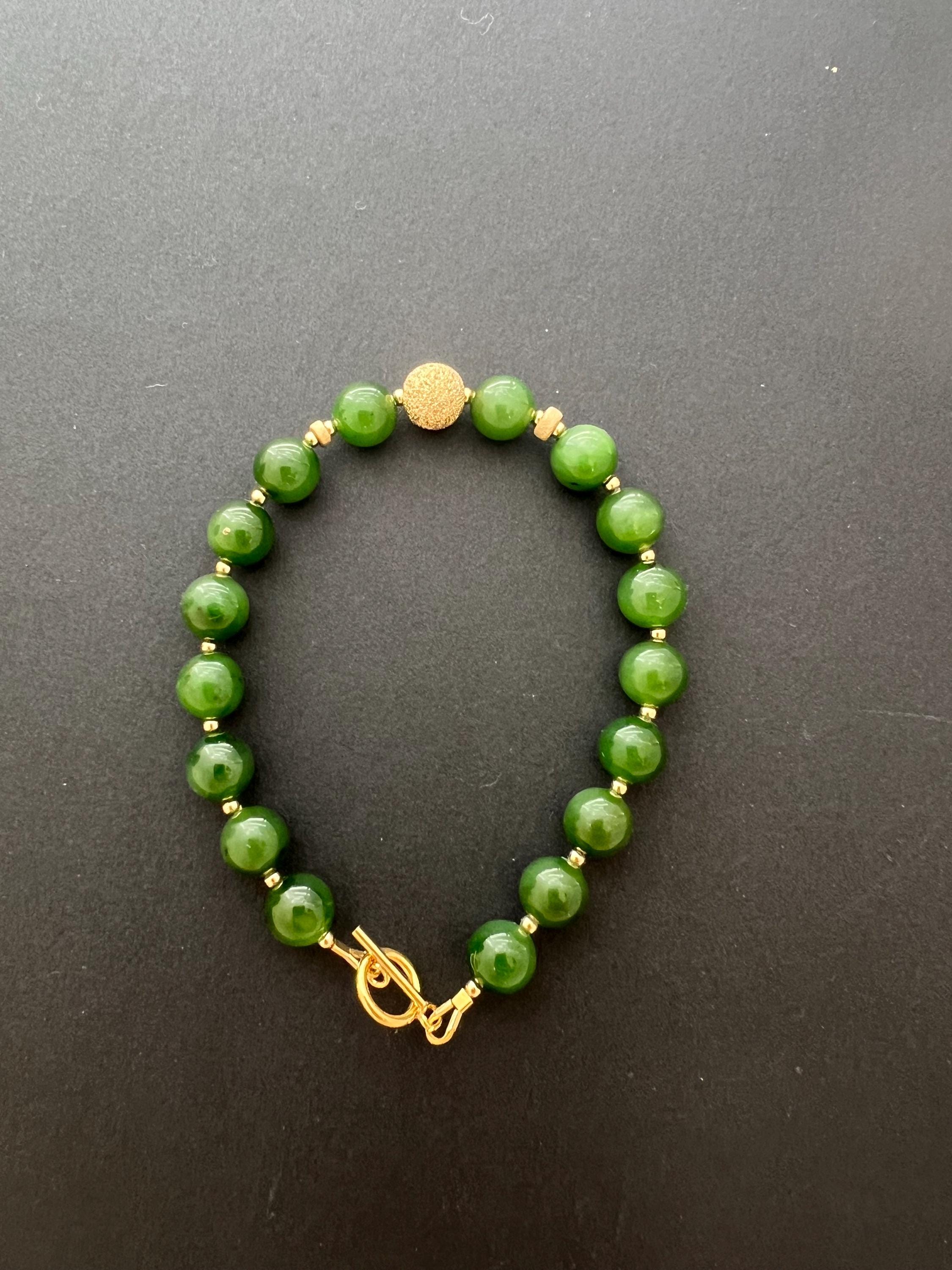 Natural Green Jade Bead Bracelet with 14k gold filled Gold Accent | Minimal Jade Jewelry