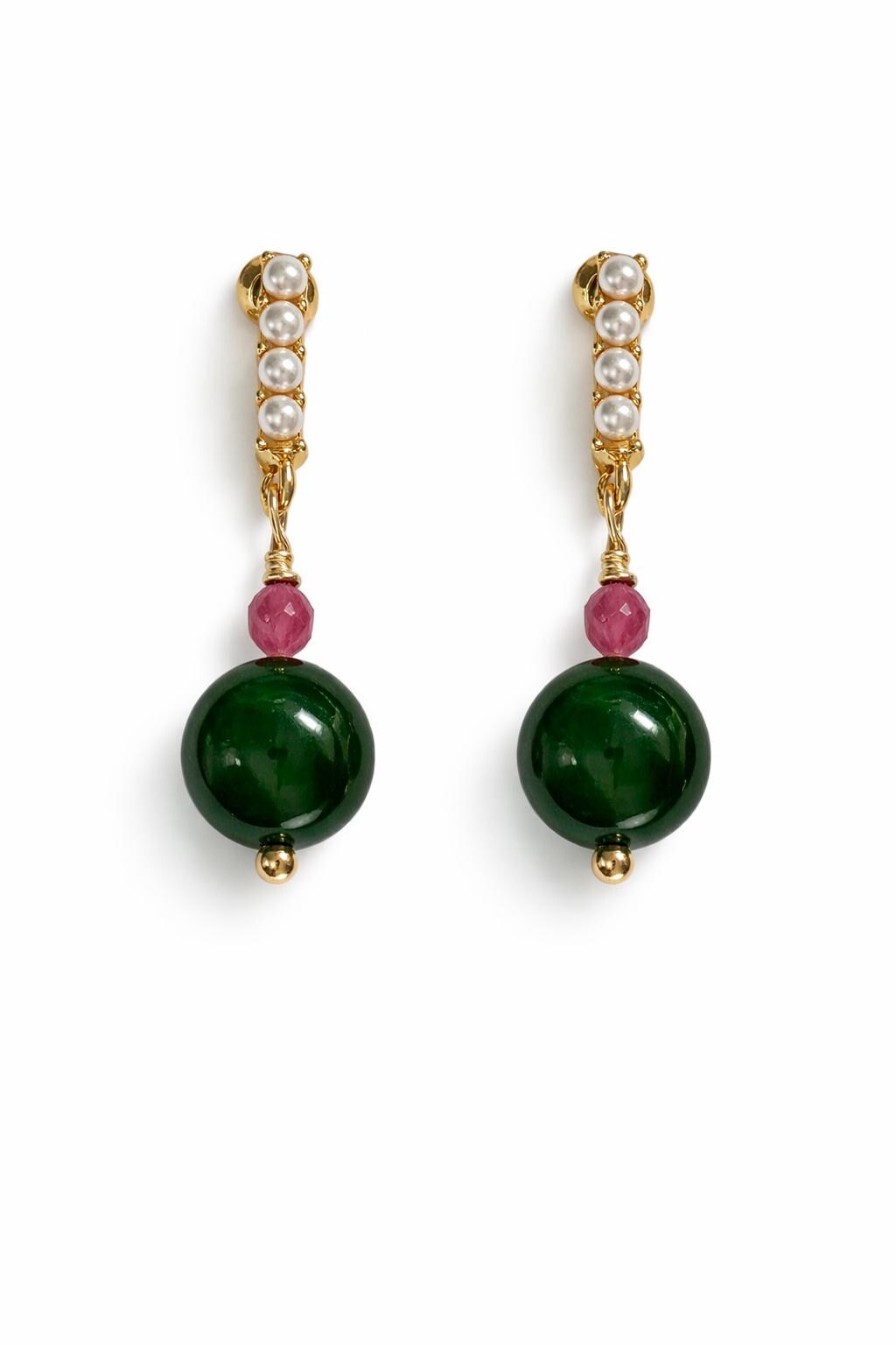 Natural Green Jade and Pink Gemstone Dangle Earrings with Seed Pearls. Quiet Luxury, Elegant Statement, Symbolic Gift, Artisanal Jewelry.