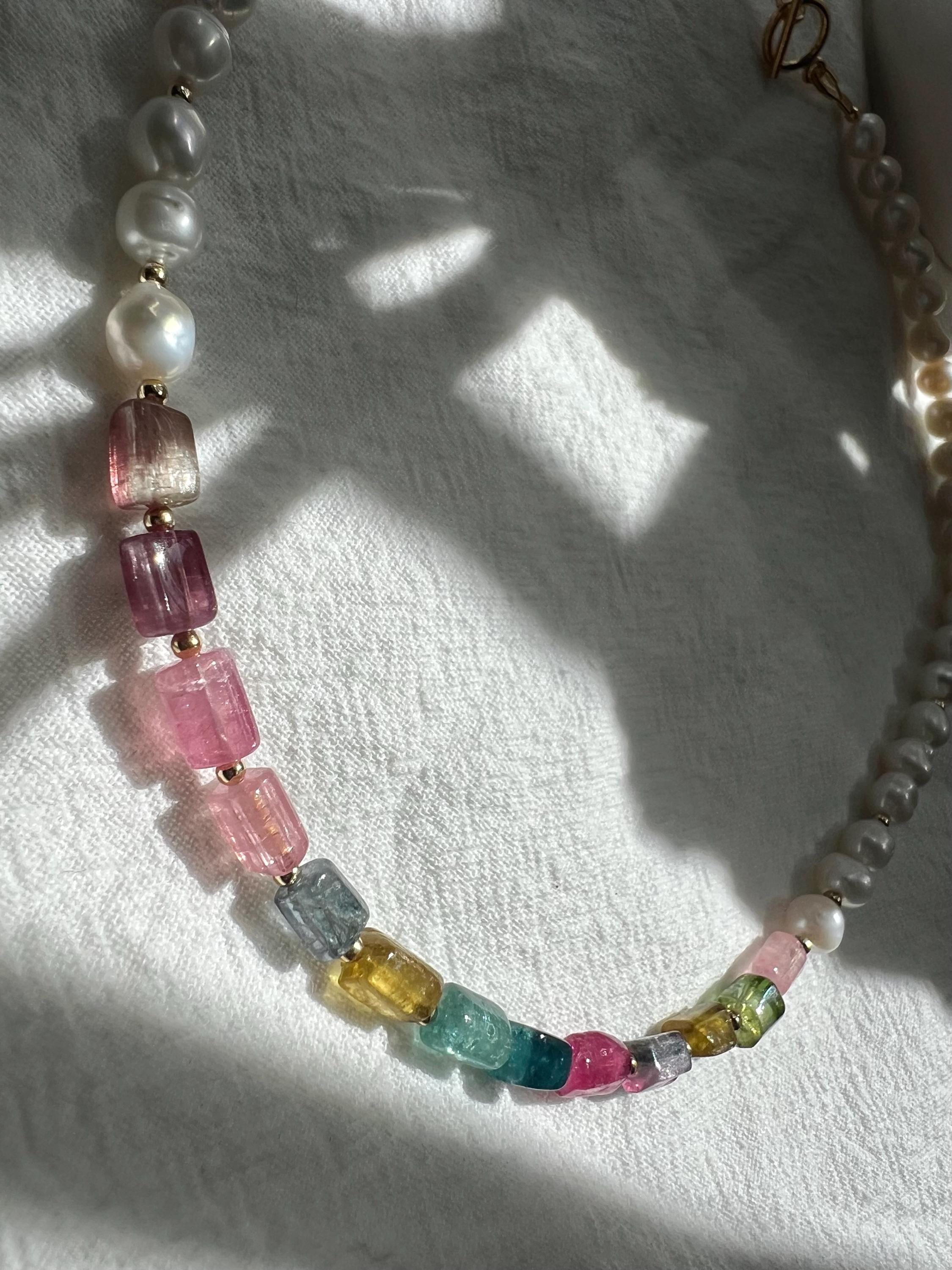 Natural freshwater Pearl & Multi-color Gemstone Choker and Bracelet Set. Pastel Paradise Necklace. 14K gold filled