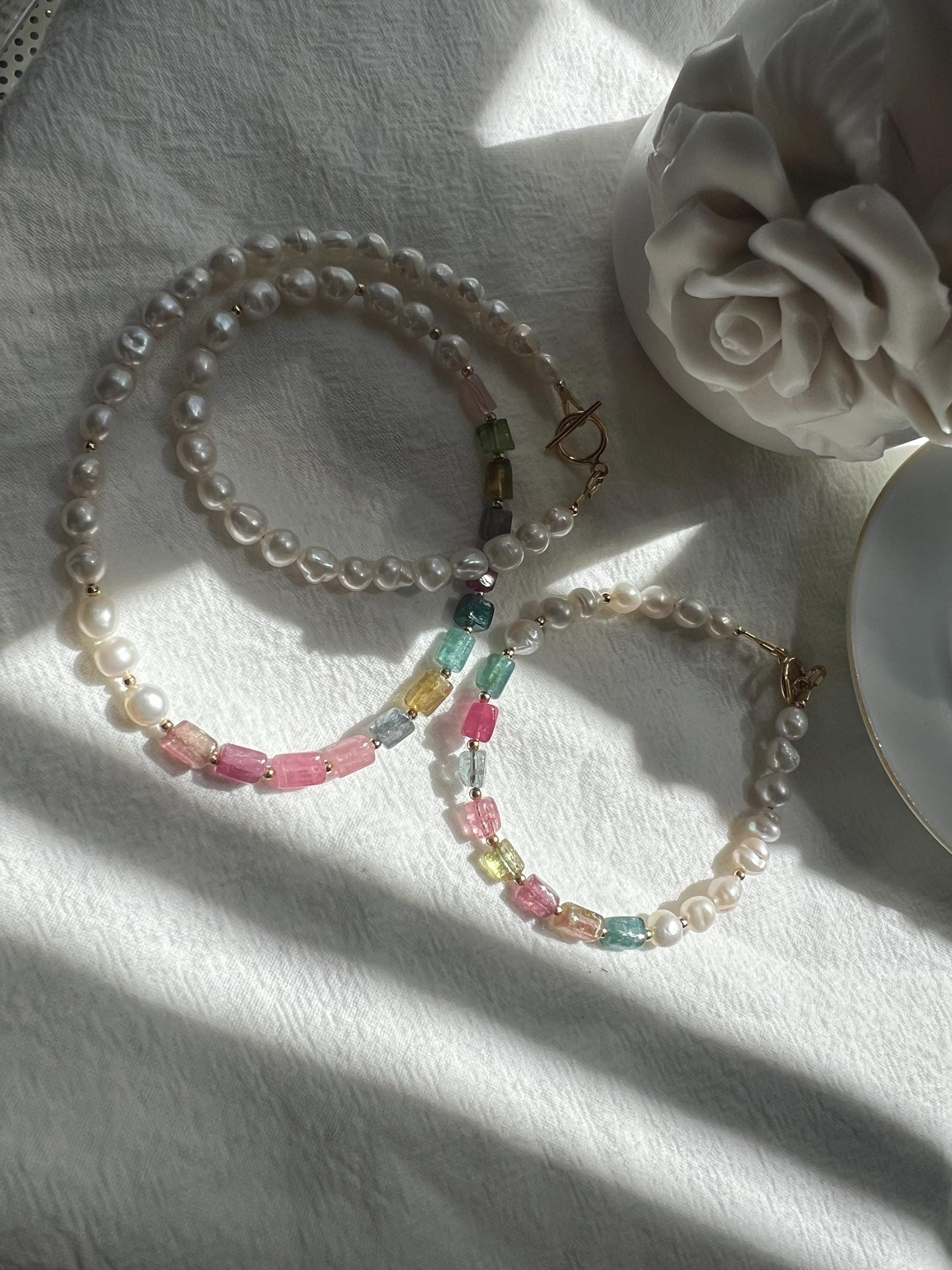 Natural freshwater Pearl & Multi-color Gemstone Choker and Bracelet Set. Pastel Paradise Necklace. 14K gold filled