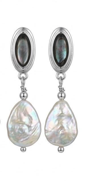 Baroque Pearl & Black Shell Dangle Earrings in Sterling Silver. The Victorian Modernist Drops. Organic Bar. Clip on