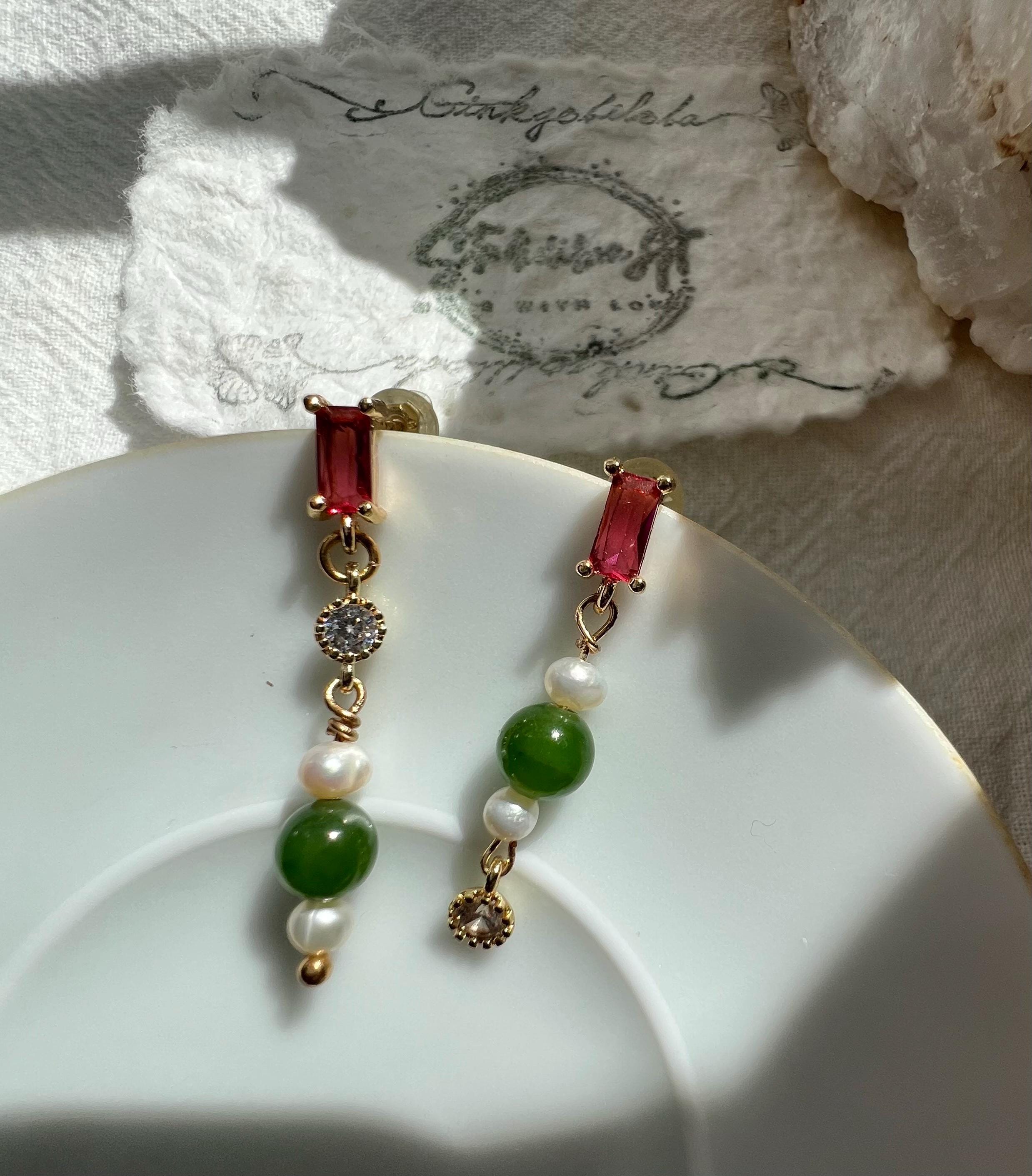 Green Jade Drop Earrings, Pink Tourmaline Studs, Pearl and Crystal Dangle, Mixed Gemstone Earrings. Unbranded Modern Chinoiserie,