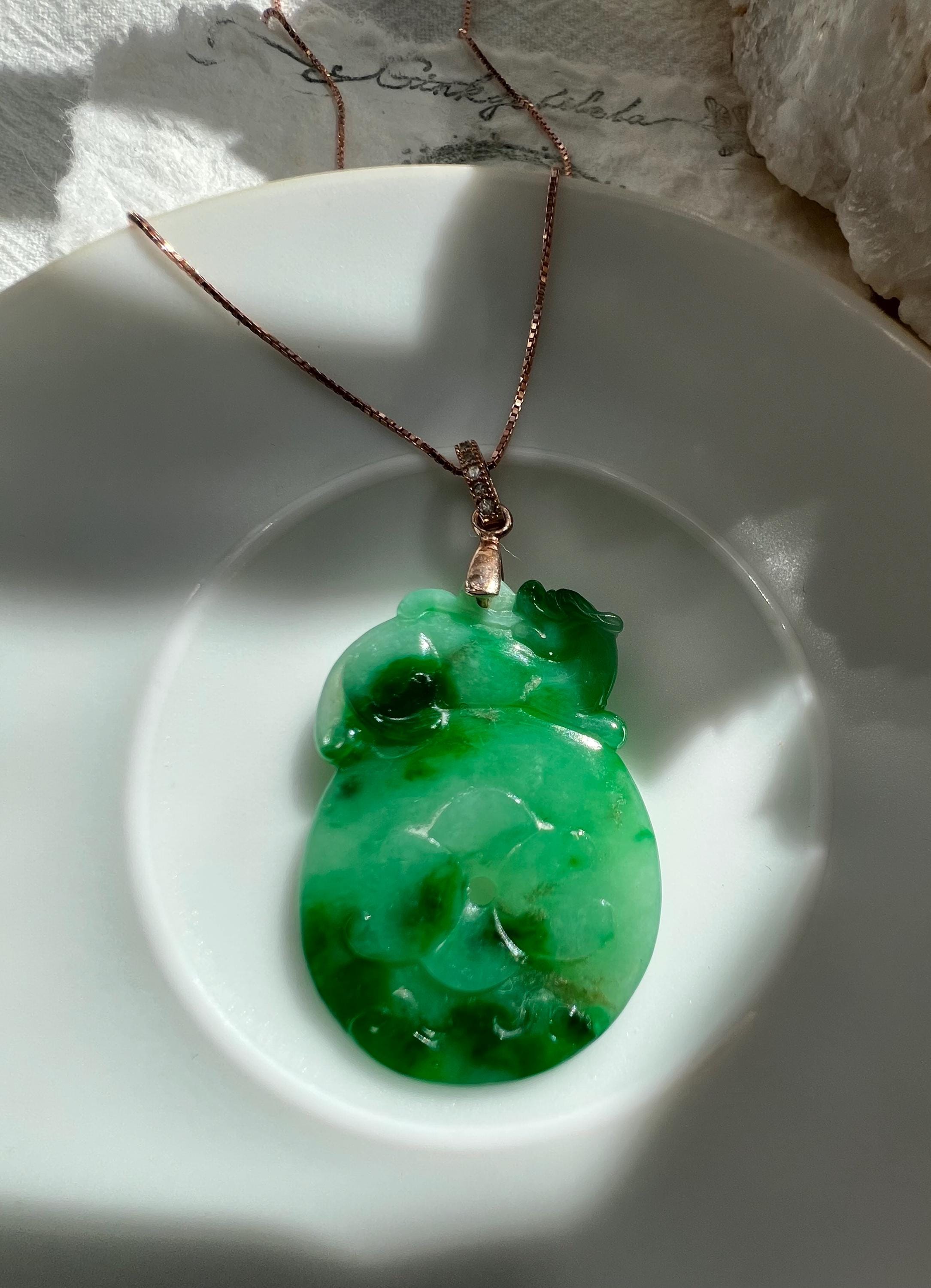 Hand-Carved Natural Green Jadeite Pendant in 18K Rose Gold Mythic Heritage – Intricate Dragon & Phoenix