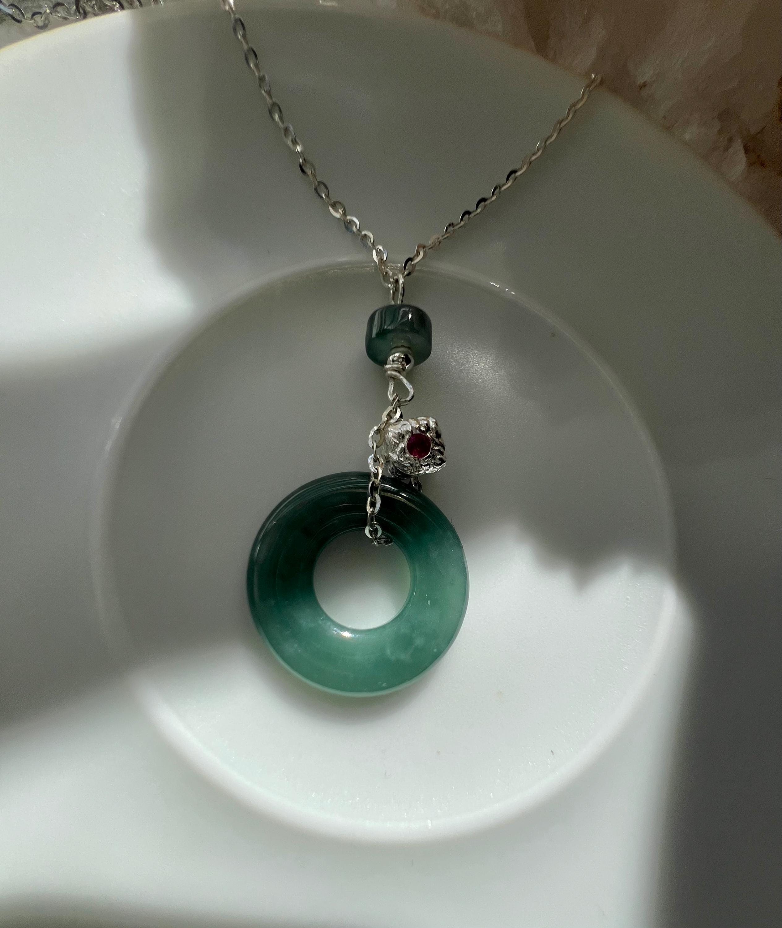 Jade Safety Disc Necklace, Ping An Kou Pendant, Green Jadeite Jewelry, Silver Charm Necklace. Oriental Minimalism