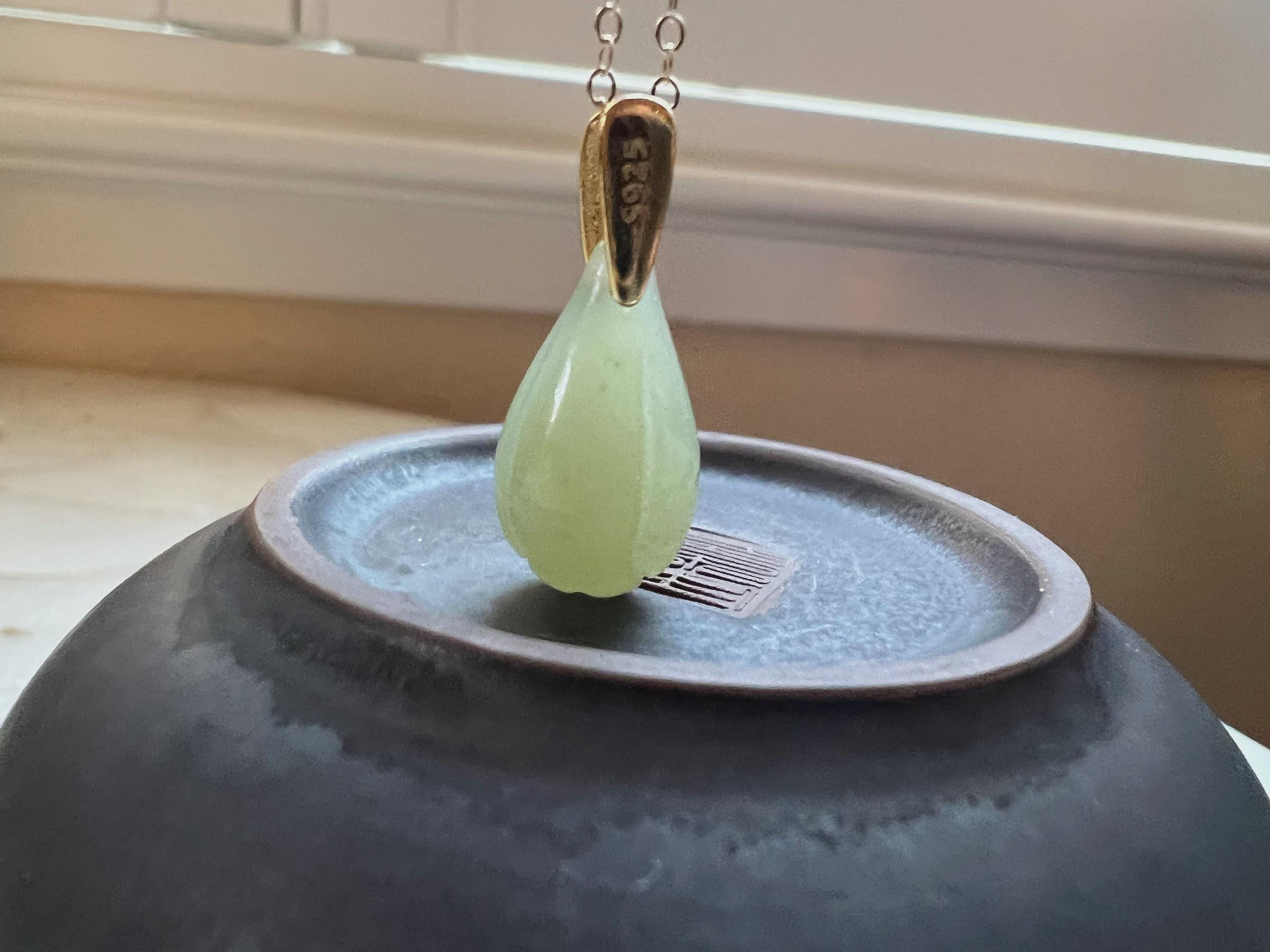 Jade Magnolia Pendant Necklace, Natural Nephrite Jade, Gold Filled Chain, Minimalist Jewelry, Gift for Her, Healing Stone