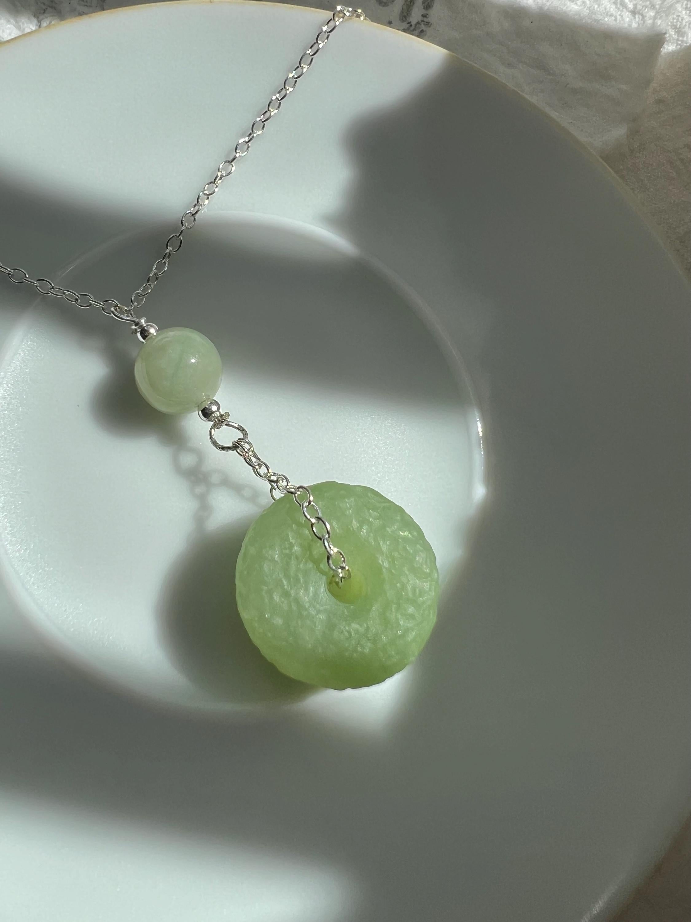 Natural Light Green Jade Pendant Necklace - Minimalist Zen Circle Jewelry in Sterling Silver - Meaningful Protection Gift for Her