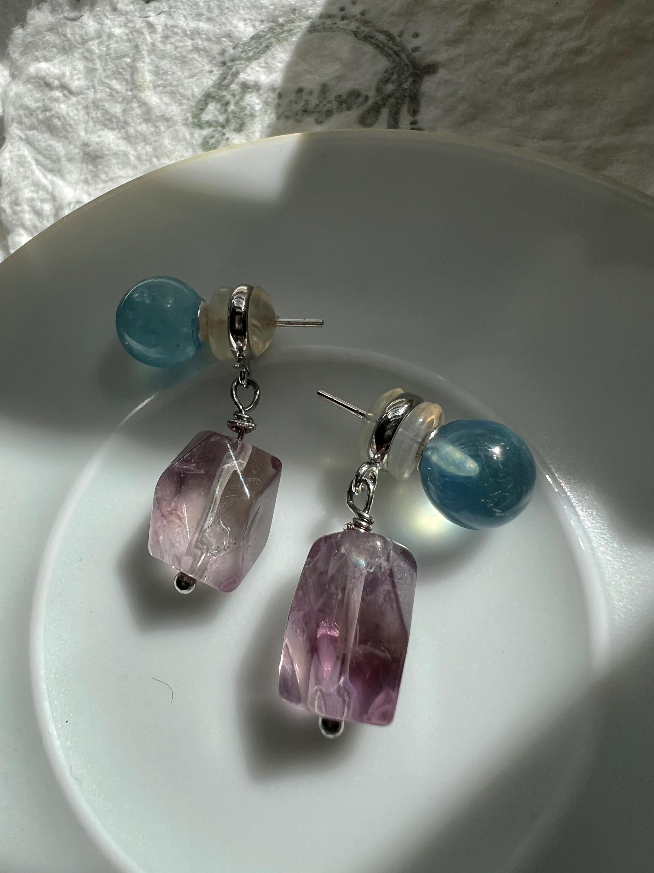 Convertible 2-in-1 Gemstone Earrings - Teal Bead Studs with Removable Raw Purple Stone Drops - Two Ways to Wear