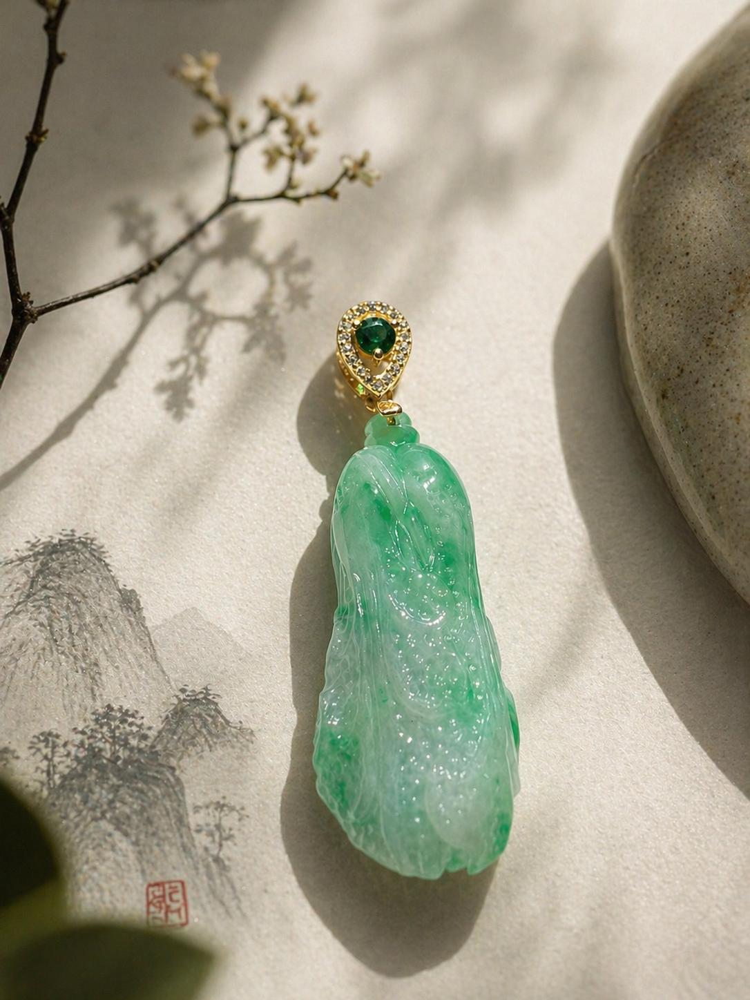 Jadeite Cabbage Necklace, Green Gemstone Pendant, Chinese Prosperity Symbol, Gold Filled Dainty Jewelry, Minimalist Lucky Charm
