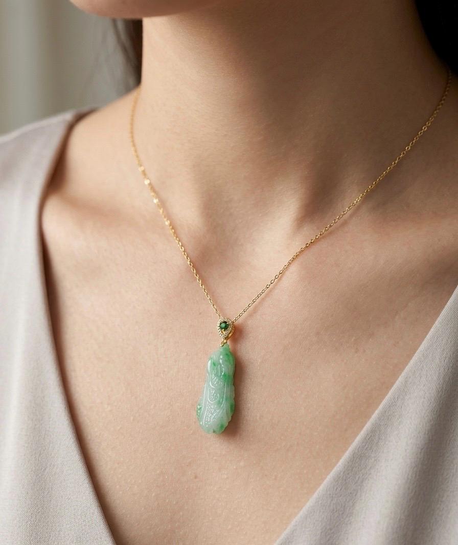 Jadeite Cabbage Necklace, Green Gemstone Pendant, Chinese Prosperity Symbol, Gold Filled Dainty Jewelry, Minimalist Lucky Charm