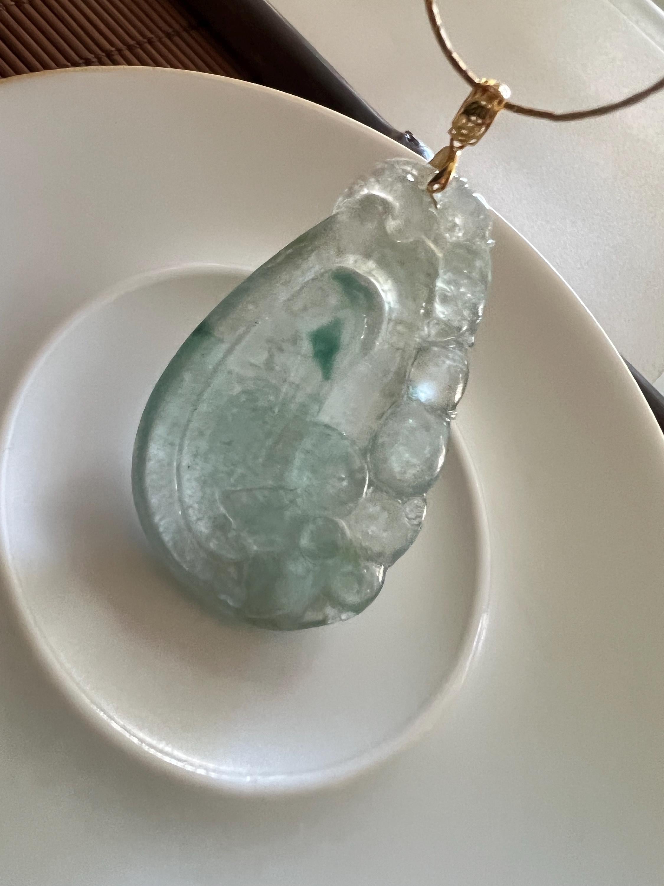 Verdant Mist — Hand-Carved Ice-Type Jadeite Pendant with Floating Flower