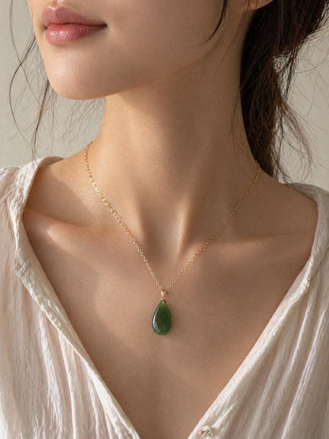Green Jade Teardrop Necklace 18K solid Gold | Jade Pendant Necklace | Elegant Jade Jewelry | Natural Jade Necklace | Gift for Her