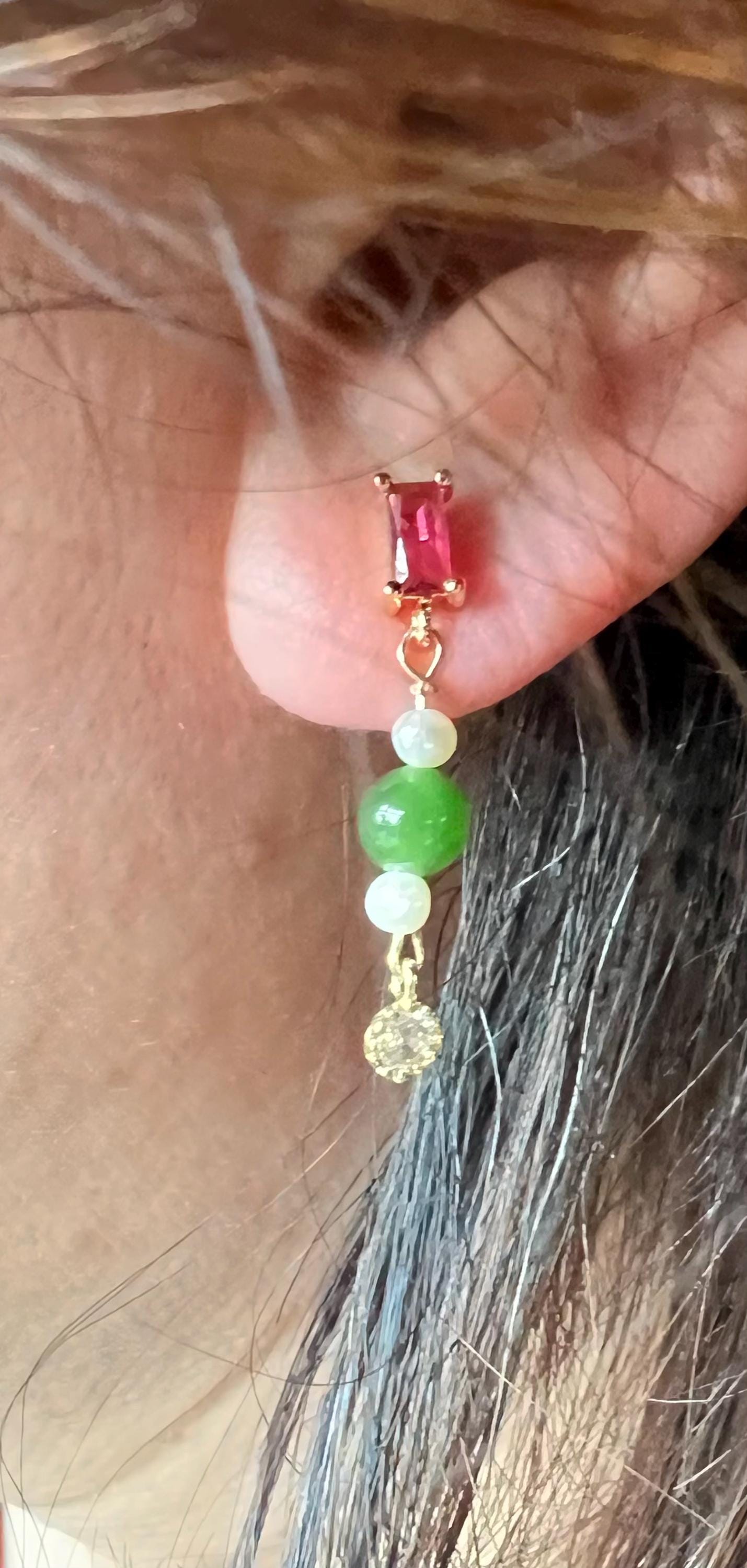 Green Jade Drop Earrings, Pink Tourmaline Studs, Pearl and Crystal Dangle, Mixed Gemstone Earrings. Unbranded Modern Chinoiserie,