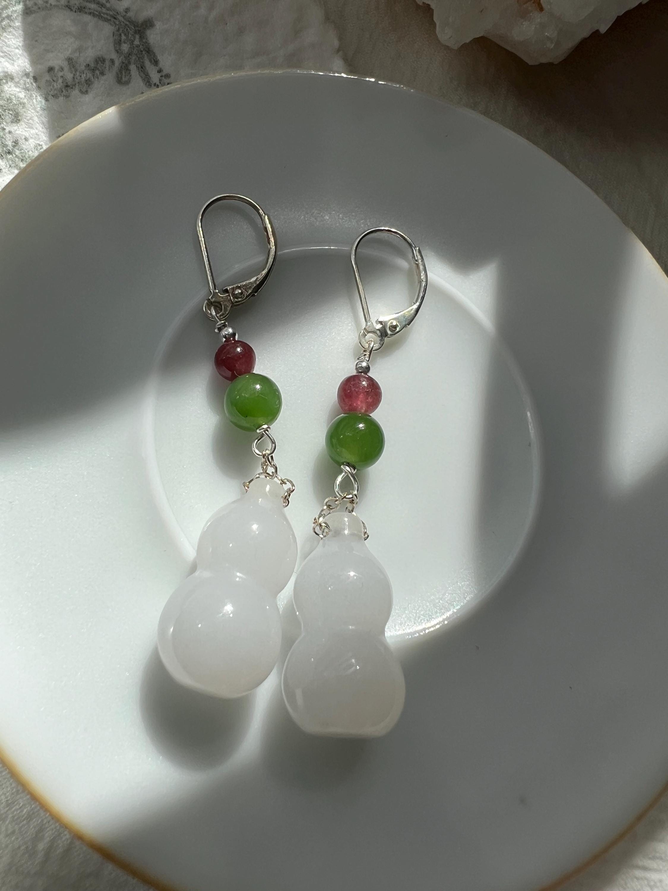 Natural Jade Wu Lou Gourd Dangle Earrings, Ruby Red Tourmaline and Green Nephrite Accents, Sterling Silver Dangle, Cultural Good Luck