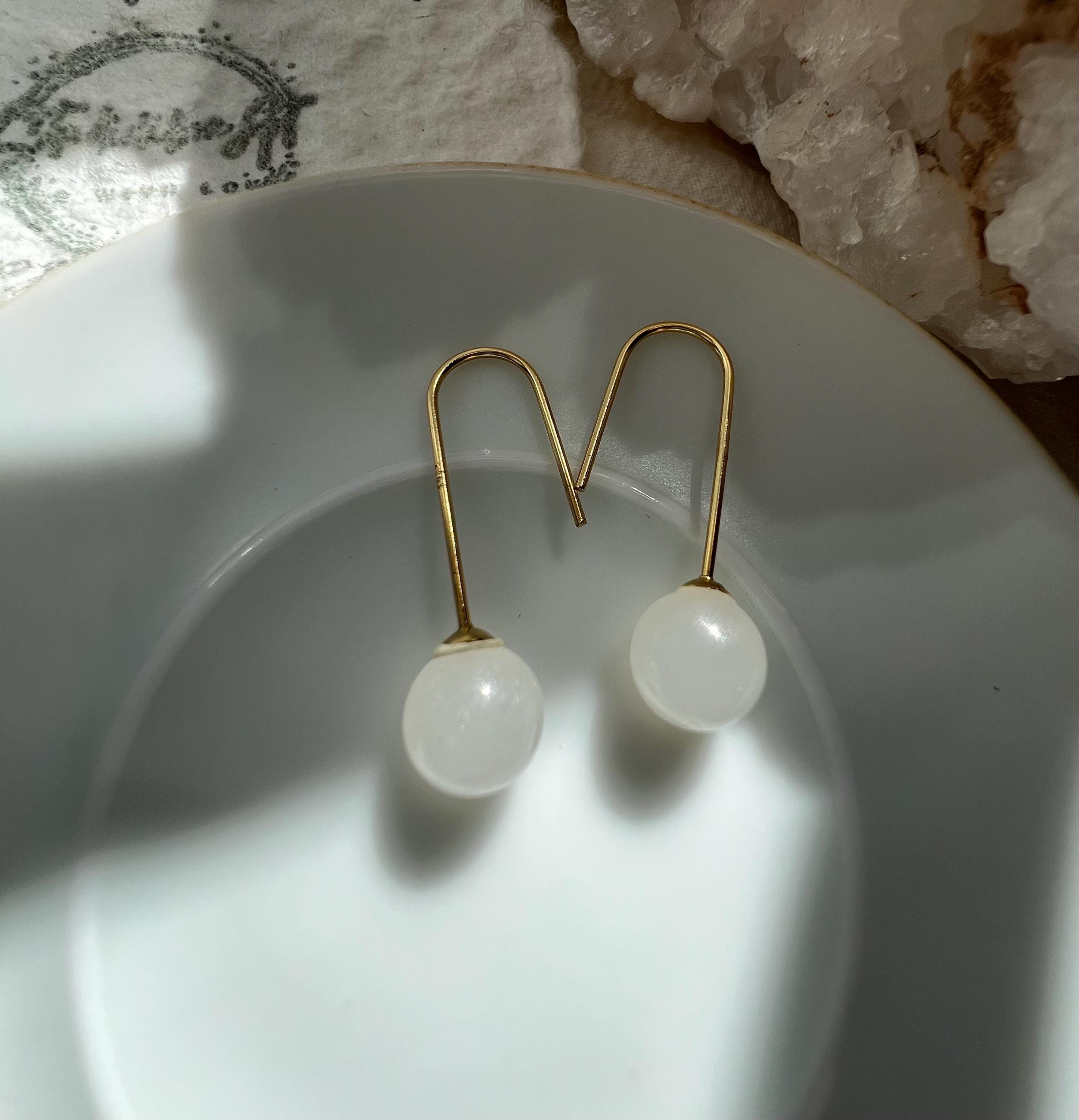 Minimalist Single White jade Drop Earring, Vermeil Bar Dangle, Simple Everyday Gemstone Earring for Her, Gift for Minimalist