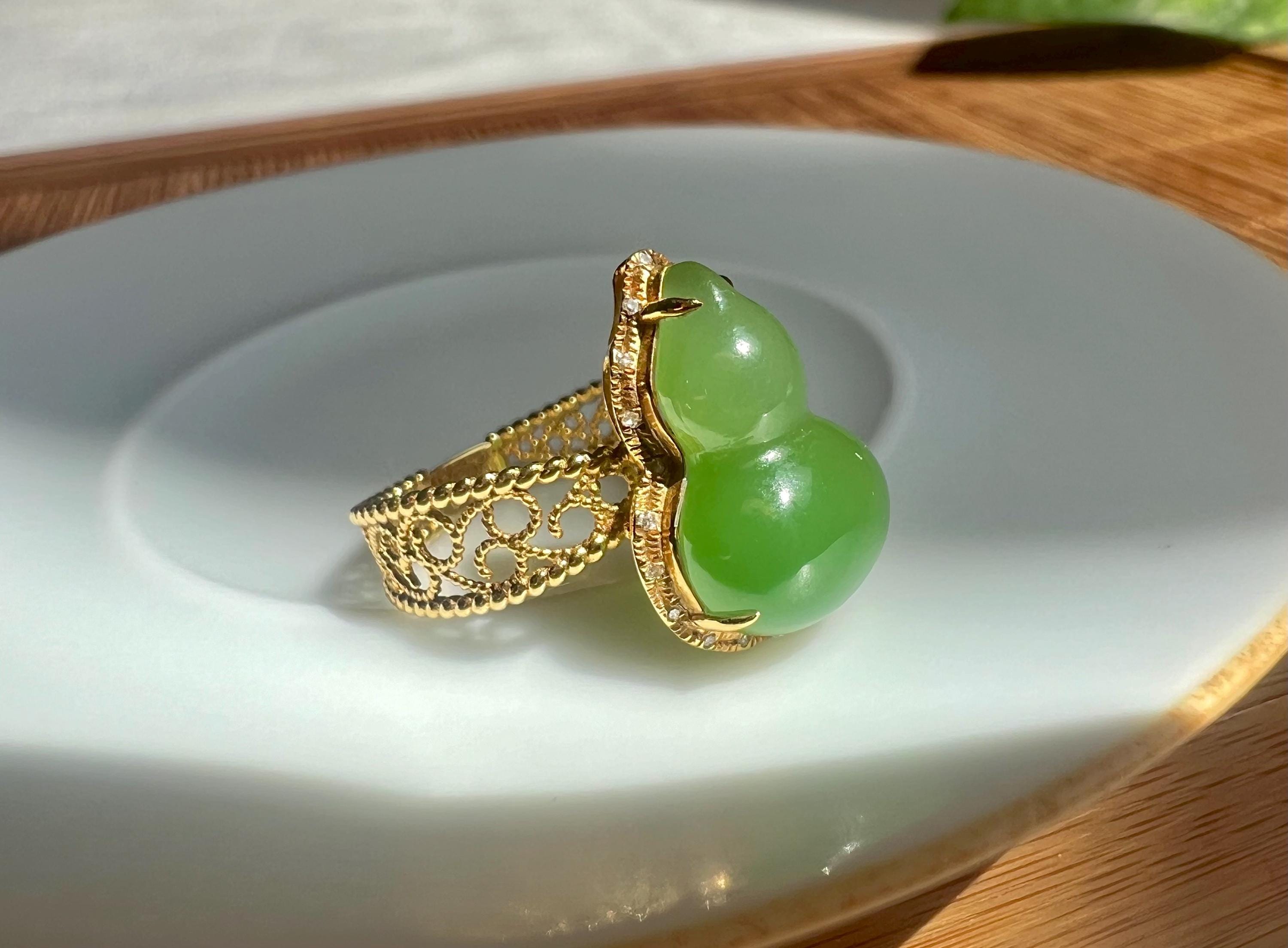 Imperial Hulu — Natural Apple Green Nephrite Jade Ring in 18k Solid Gold Filigree