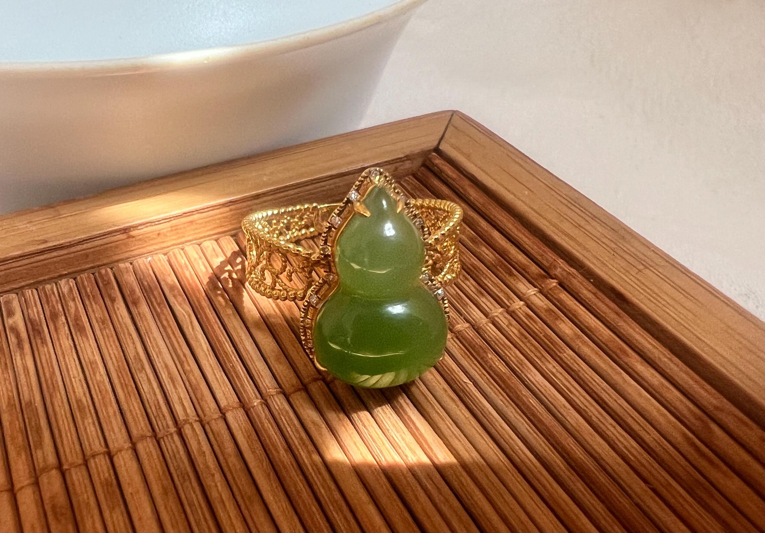 Imperial Hulu — Natural Apple Green Nephrite Jade Ring in 18k Solid Gold Filigree
