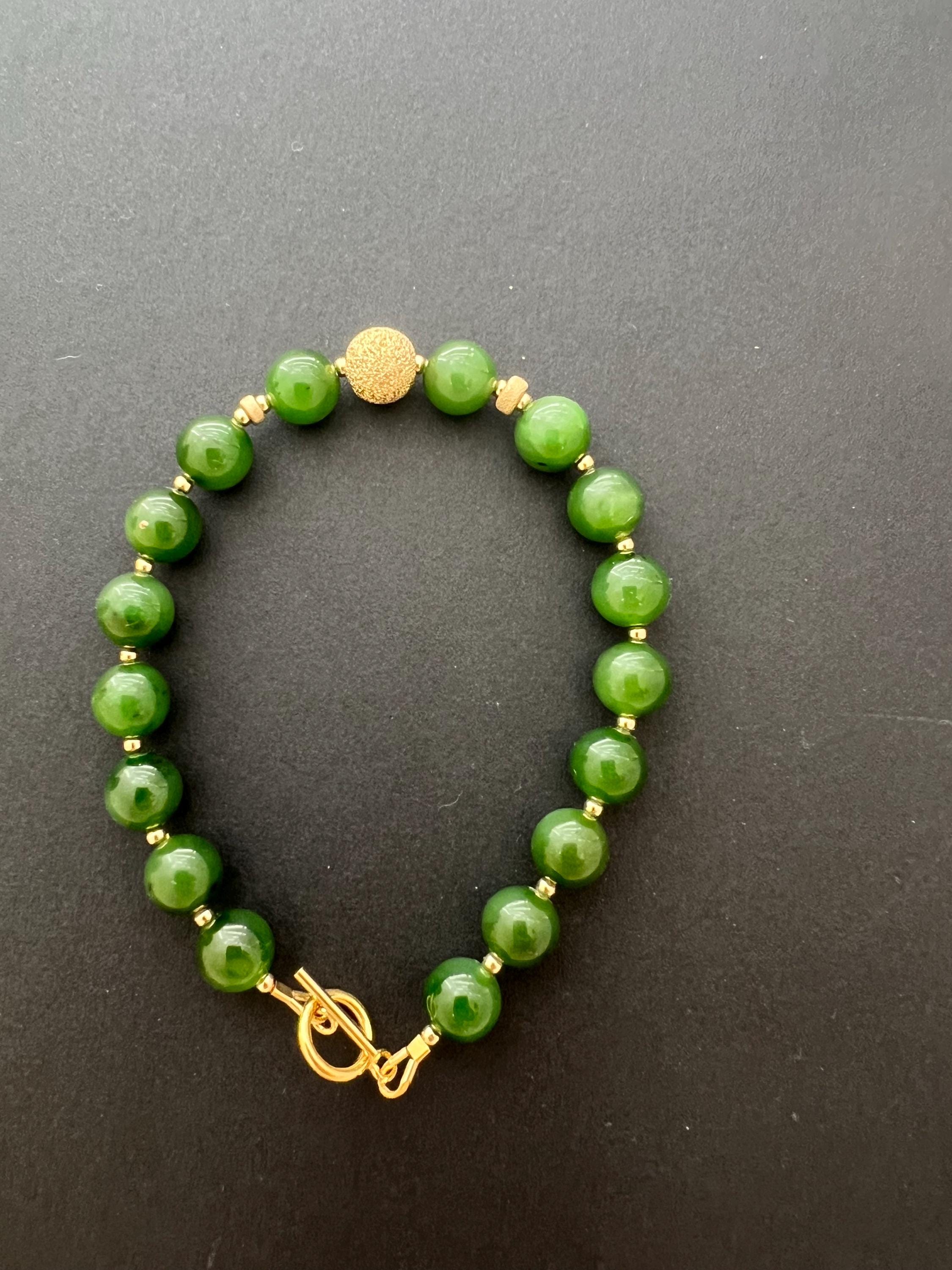 Natural Green Jade Bead Bracelet with 14k gold filled Gold Accent | Minimal Jade Jewelry