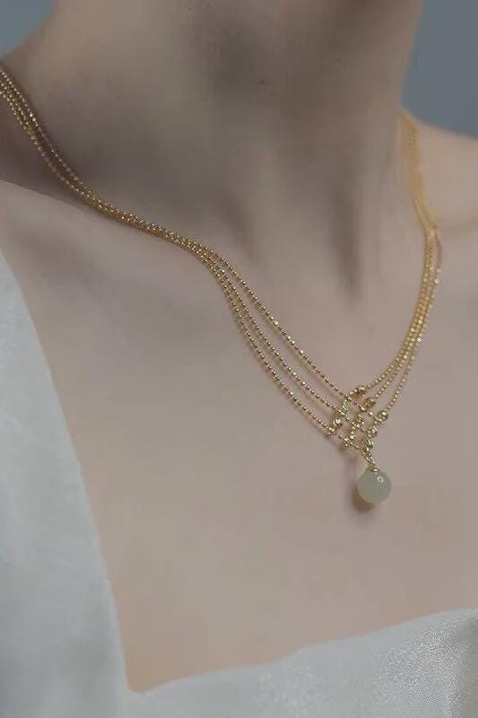 Minimalist Jade Necklace Layered Chain Necklace Green Jade Pendant Dainty Everyday Necklace Gift for Her