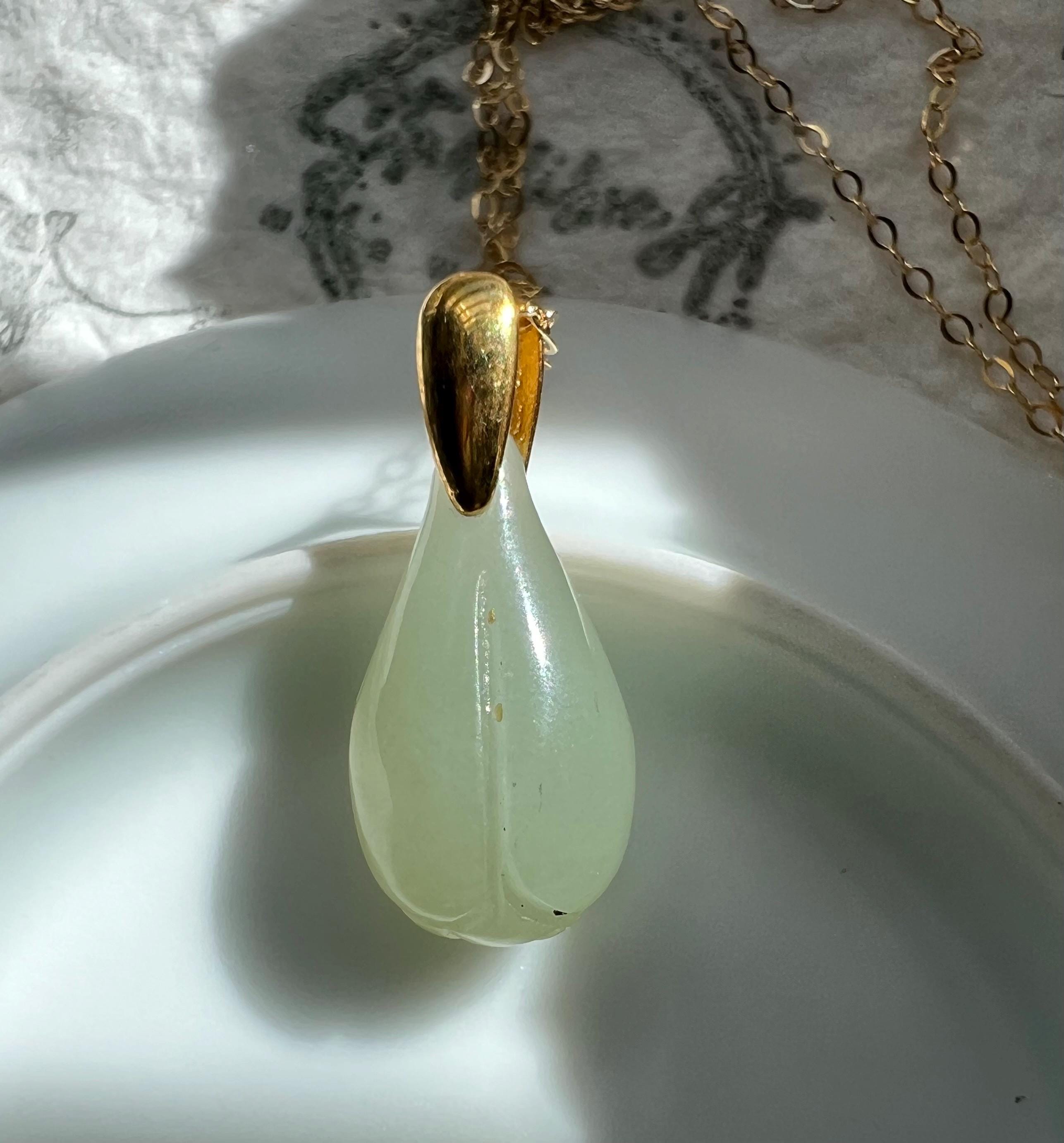 Jade Magnolia Pendant Necklace, Natural Nephrite Jade, Gold Filled Chain, Minimalist Jewelry, Gift for Her, Healing Stone