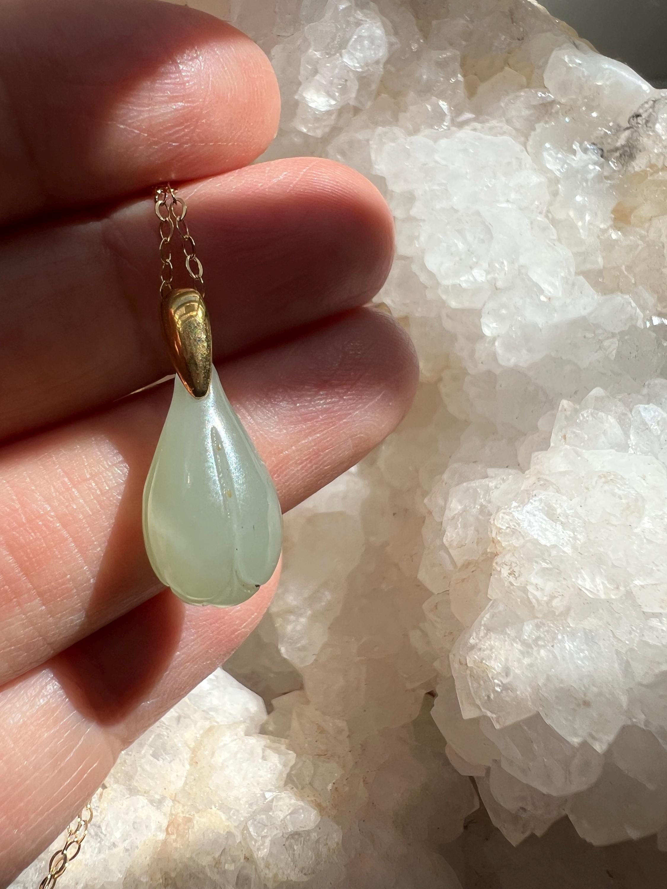 Jade Magnolia Pendant Necklace, Natural Nephrite Jade, Gold Filled Chain, Minimalist Jewelry, Gift for Her, Healing Stone
