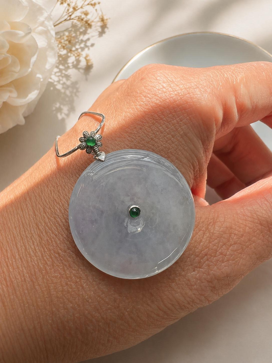 Natural Lavender Jadeite Ping An Kou Pendant, Grade A Icy Purple Jadeite Donut Necklace, 18K platina, Protection & Peace Amulet,