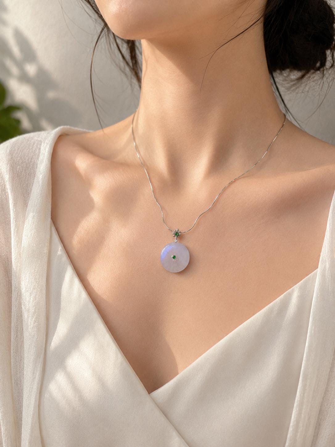 Natural Lavender Jadeite Ping An Kou Pendant, Grade A Icy Purple Jadeite Donut Necklace, 18K platina, Protection & Peace Amulet,
