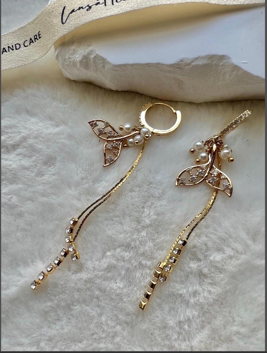Gold Mermaid Tail Earrings, Pearl & Crystal Dangle Earrings, Gold Statement Earrings, Fairycore Jewelry, Elegant Long Earrings for Women