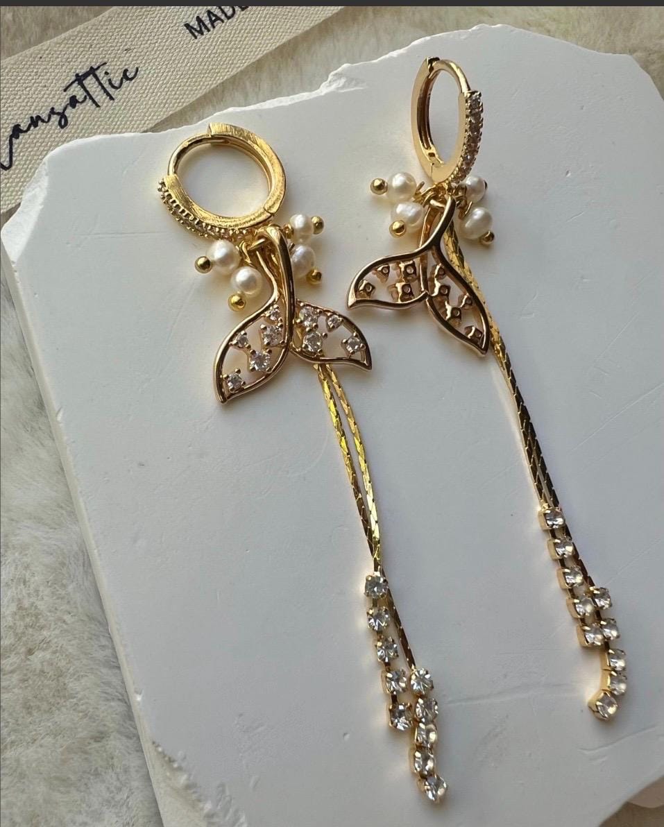 Gold Mermaid Tail Earrings, Pearl & Crystal Dangle Earrings, Gold Statement Earrings, Fairycore Jewelry, Elegant Long Earrings for Women