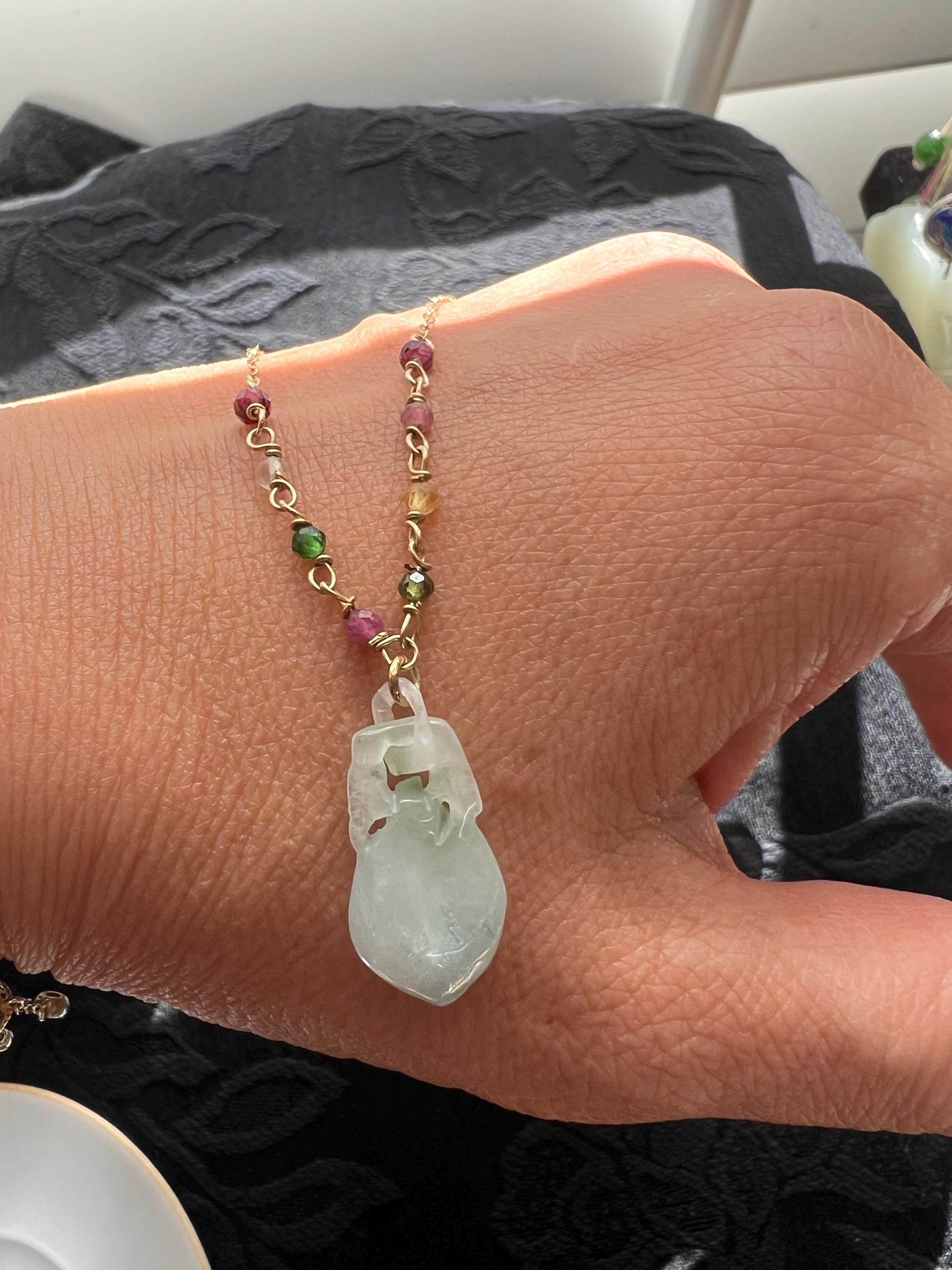 Dainty Jadeite Necklace with Multi-Color Tourmaline, 14K Gold Filled Small Jade Pendant, Minimalist Colorful Gemstone Jewelry, Gift for Her
