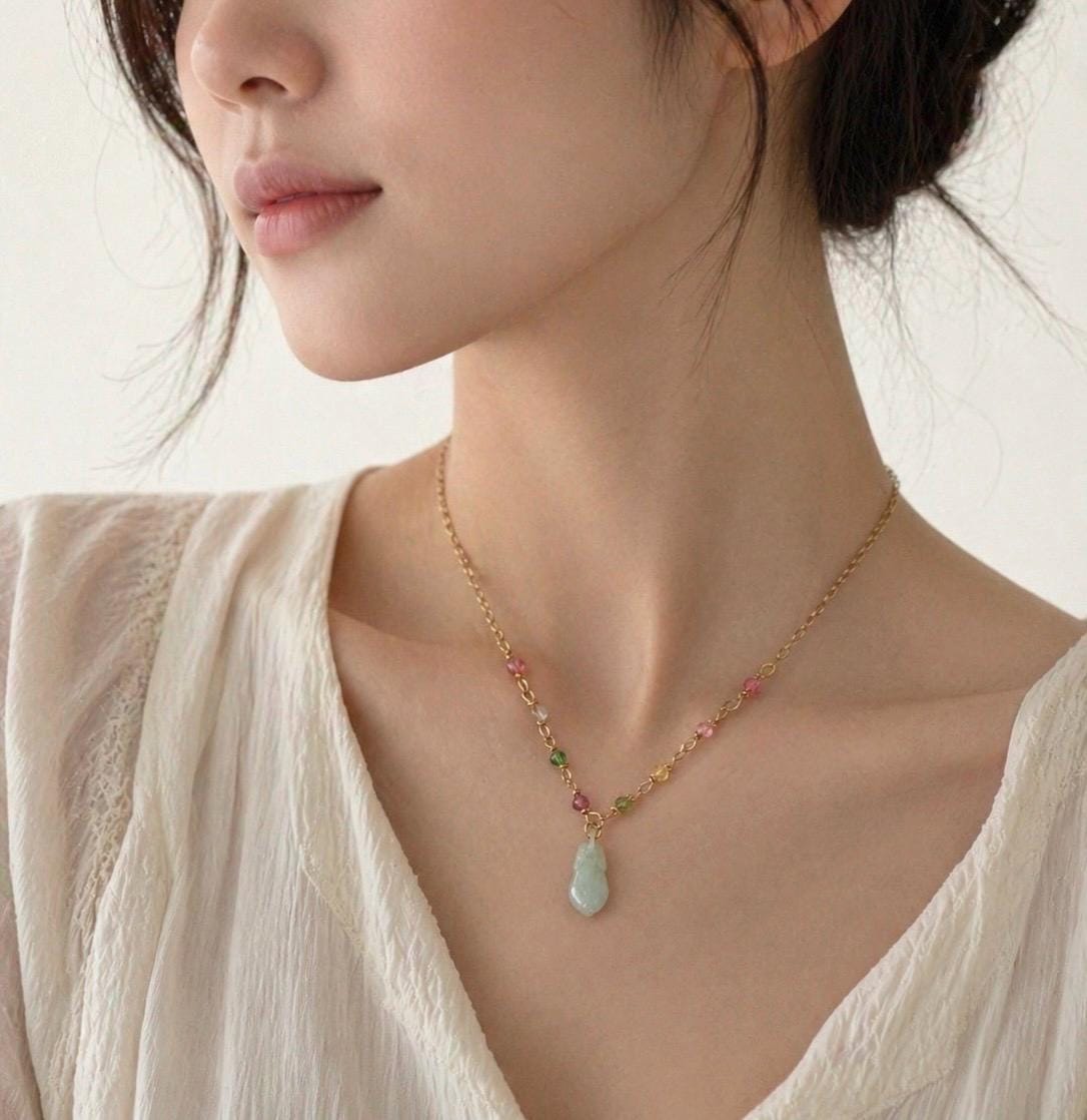 Dainty Jadeite Necklace with Multi-Color Tourmaline, 14K Gold Filled Small Jade Pendant, Minimalist Colorful Gemstone Jewelry, Gift for Her