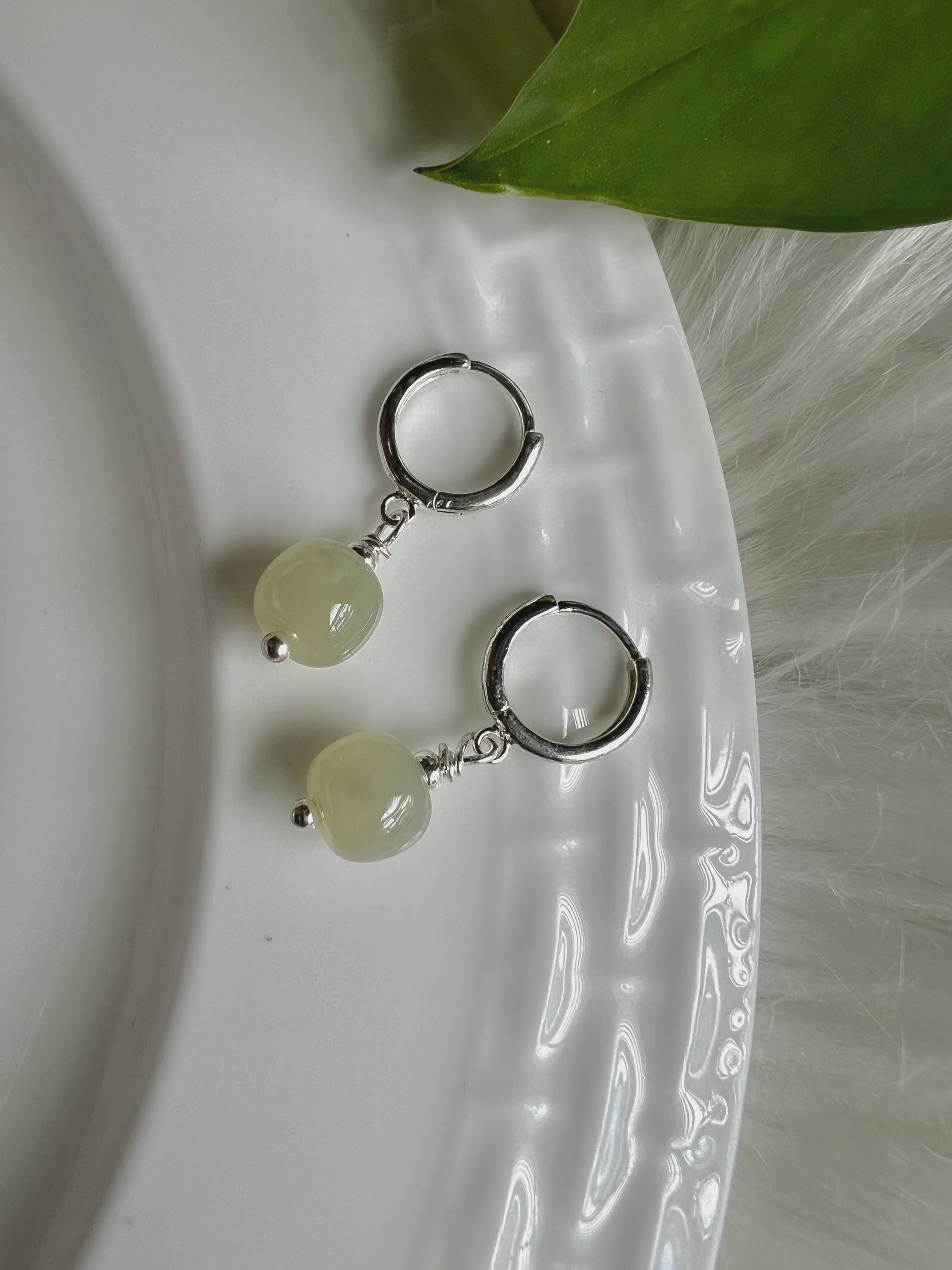 Jade Earrings Sterling Silver, Dainty Jade Hoop Earrings, Minimalist Jade Jewelry, Healing Jewelry, Everyday Gift for Her