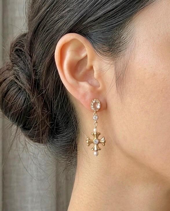 Vintage Gold Cross Earrings, Pearl Drop Earrings, Baroque Style Earrings, Elegant Bridal Jewelry, Feminine Statement Earrings, Romantic Gift