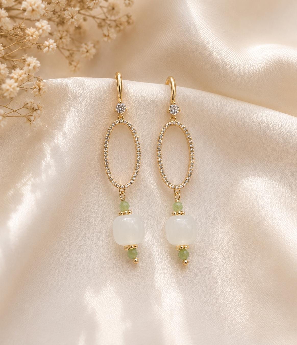 White Jade Drop Earrings, Gold Dangle Earrings, Minimalist Jade Jewelry, Delicate Bridal Earrings, Asian Inspired Jewelry
