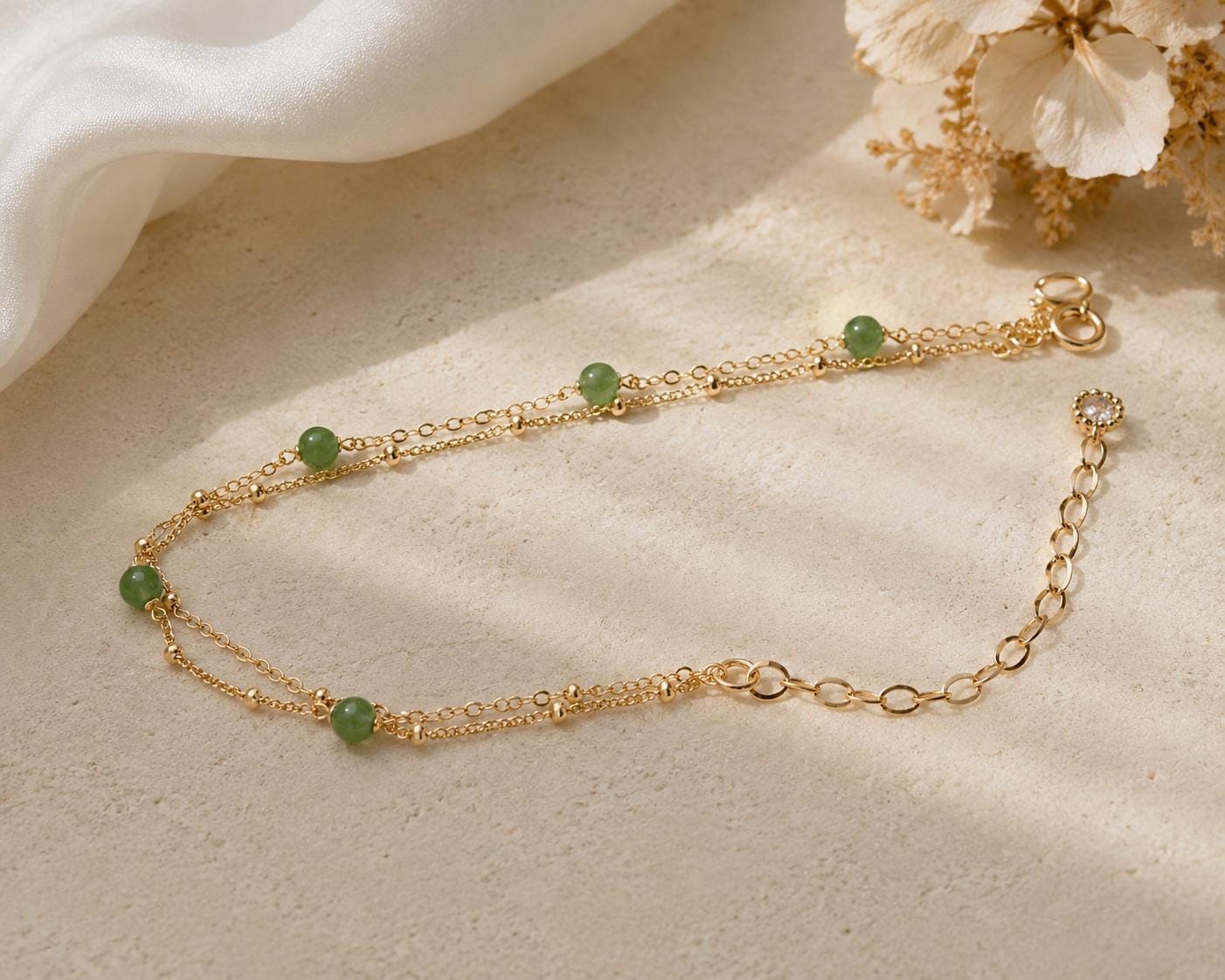 Green Jade Bracelet Gold Filled, Dainty Jade Bracelet, Minimalist Green Stone Bracelet, Delicate Everyday Jewelry.  Double chain. Gift