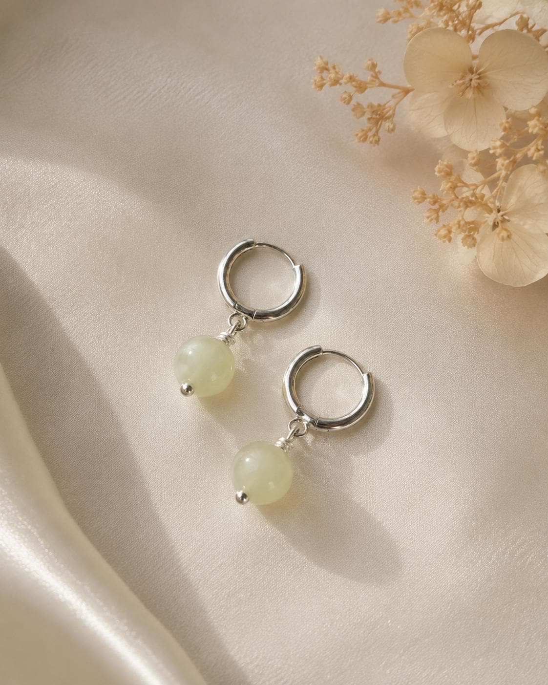Jade Earrings Sterling Silver, Dainty Jade Hoop Earrings, Minimalist Jade Jewelry, Healing Jewelry, Everyday Gift for Her