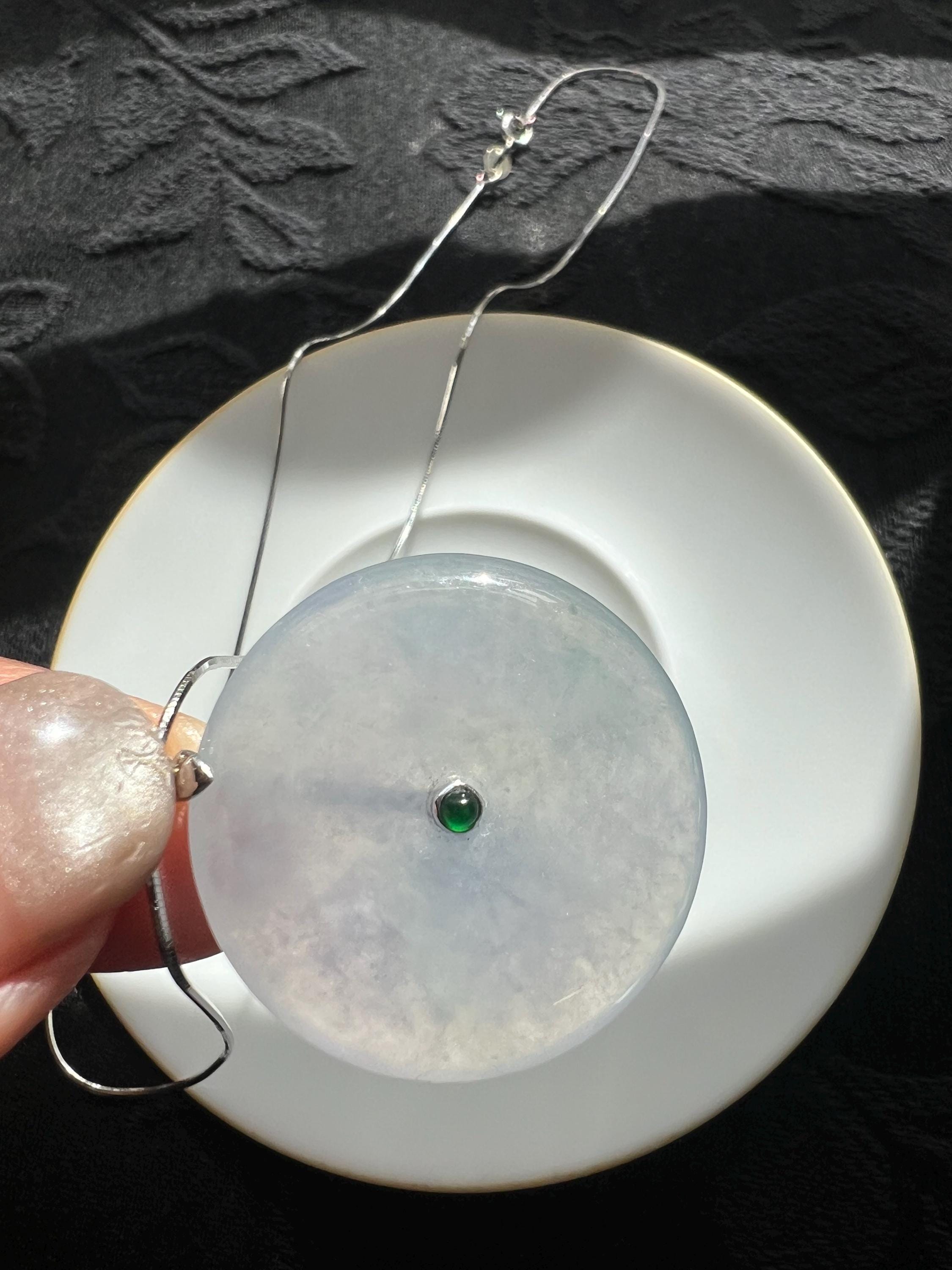 Natural Lavender Jadeite Ping An Kou Pendant, Grade A Icy Purple Jadeite Donut Necklace, 18K platina, Protection & Peace Amulet,