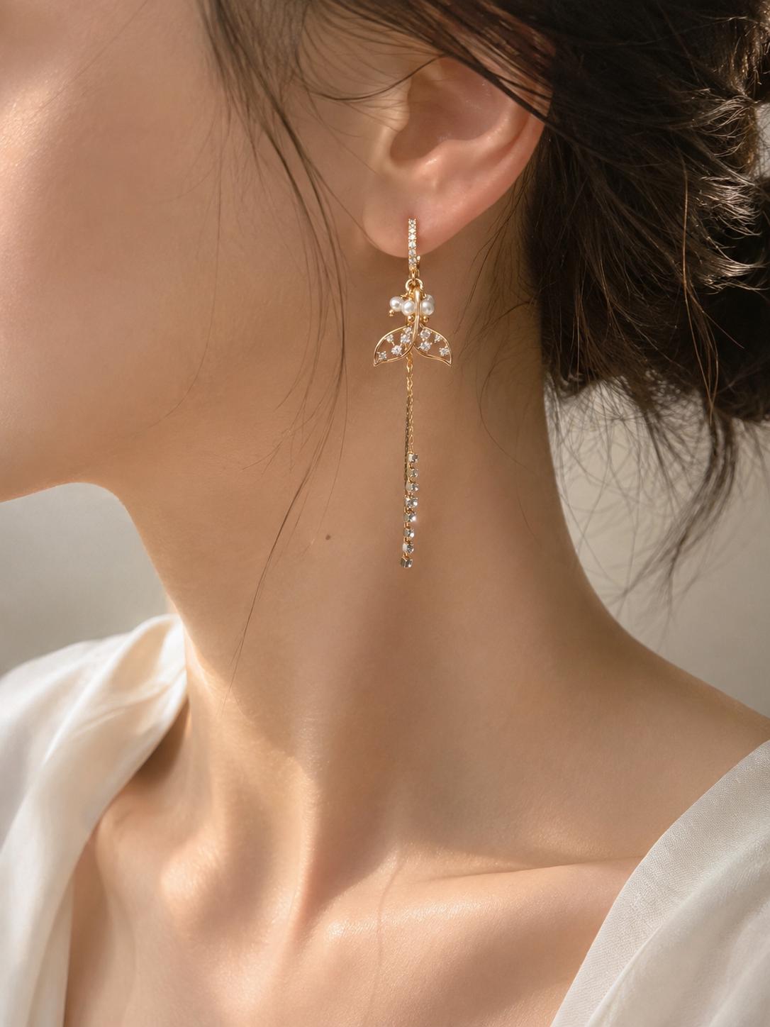Gold Mermaid Tail Earrings, Pearl & Crystal Dangle Earrings, Gold Statement Earrings, Fairycore Jewelry, Elegant Long Earrings for Women