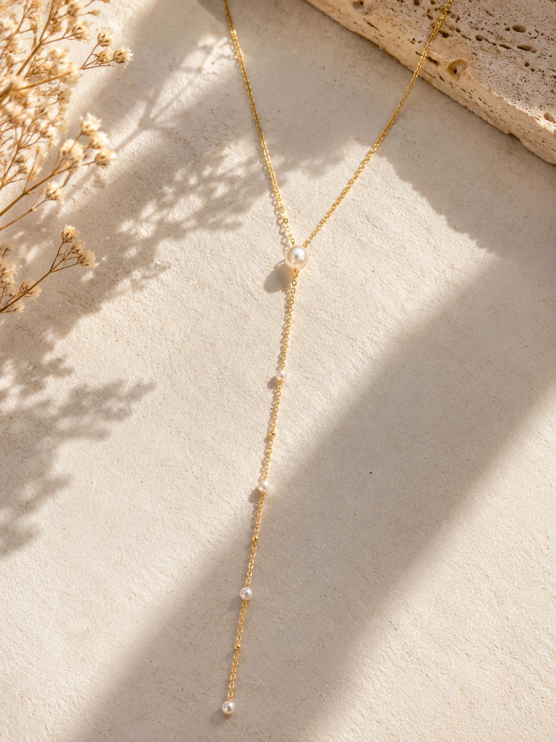 Gold Filled Pearl Lariat Necklace, Minimalist Pearl Y Necklace, Dainty Layered Necklace, Elegant Pearl Drop Necklace for Women
