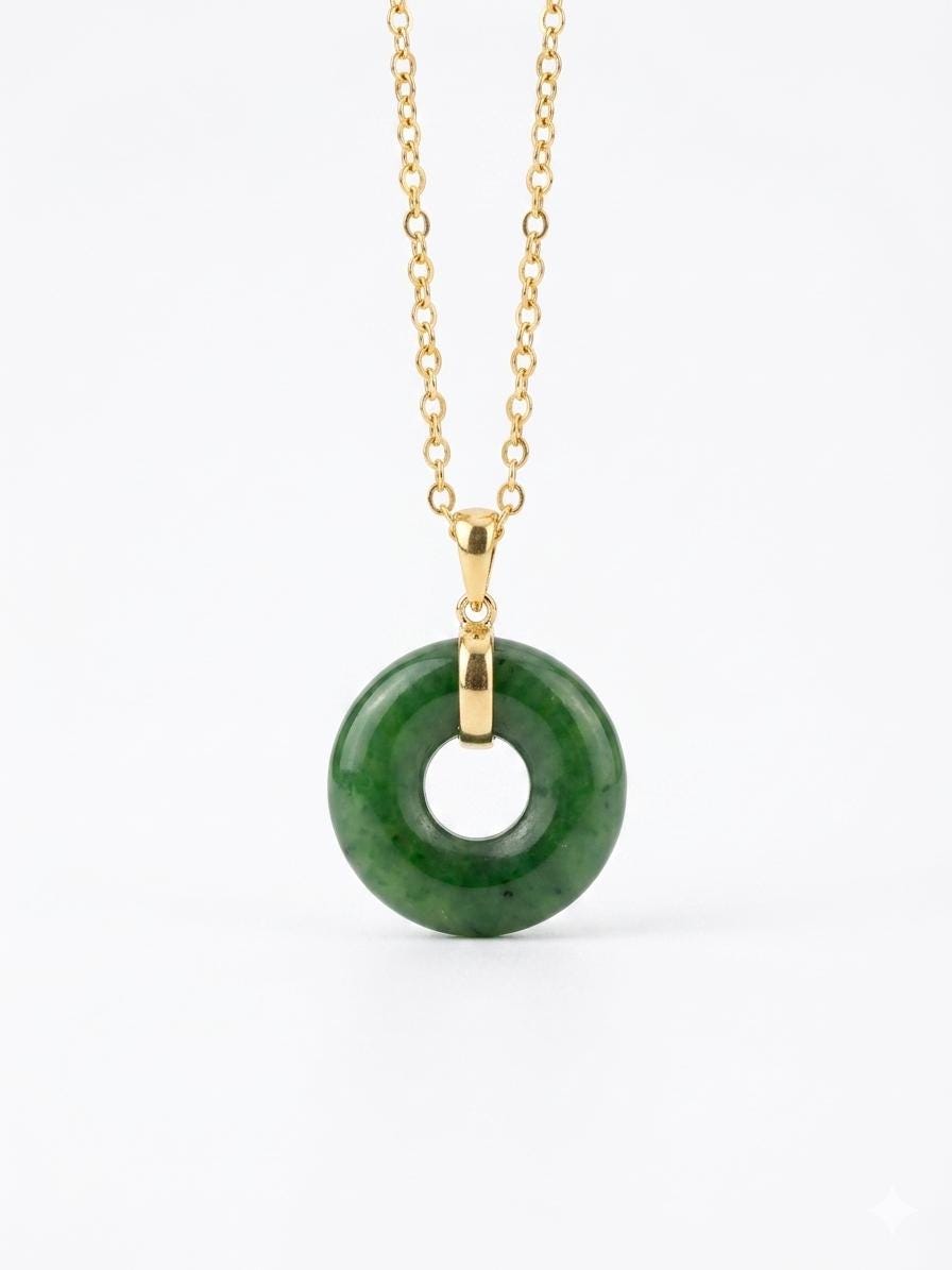 Natural Green Jade Donut Necklace, Gold Filled Jade Pendant Necklace, Minimalist Jade Circle Necklace, Lucky Jade Jewelry Gift for Her