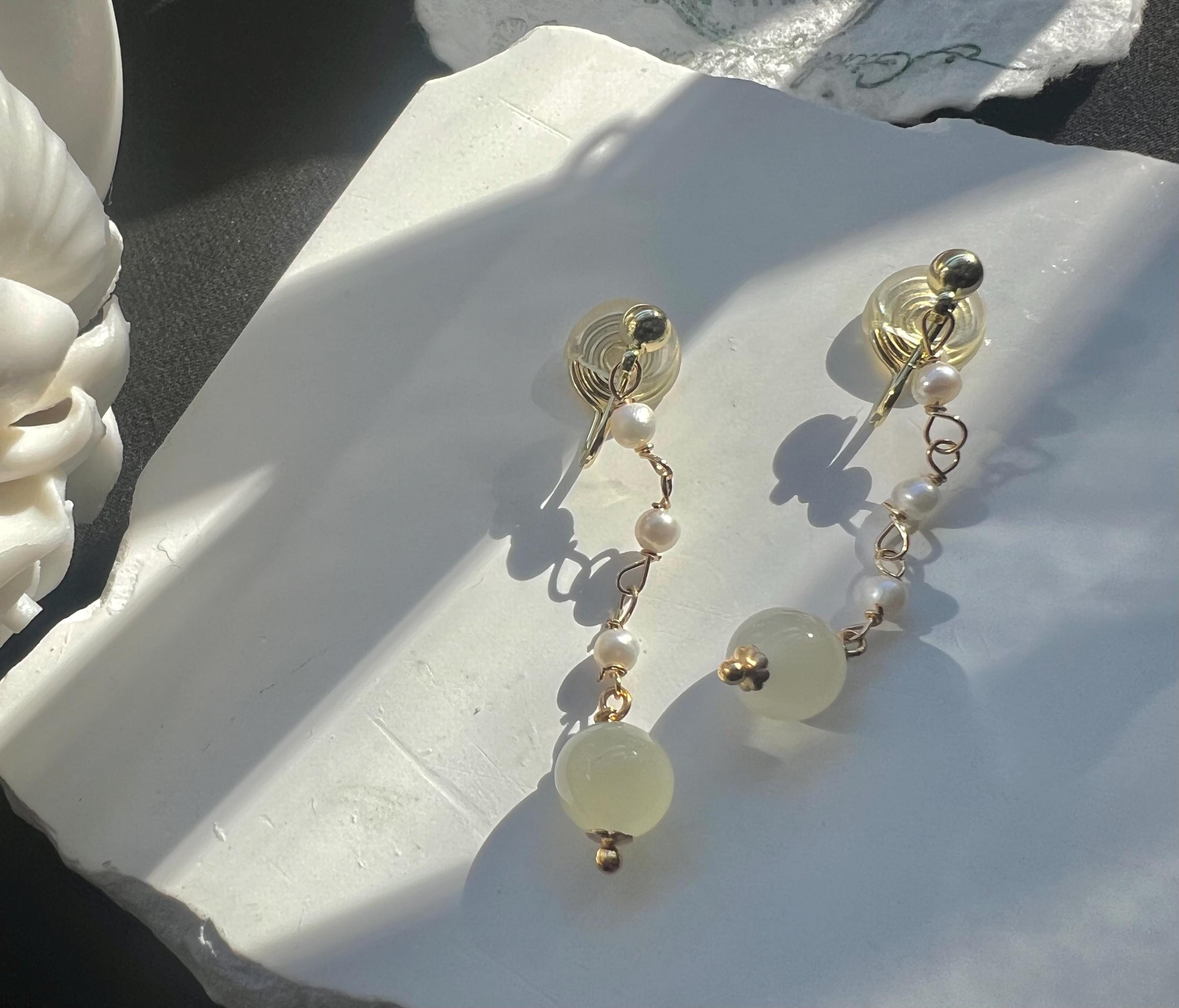 Natural Jade & Freshwater Pearl Dangle Earrings, Clip On Jade Earrings, Minimalist Pearl Drop Earrings, Elegant Gift