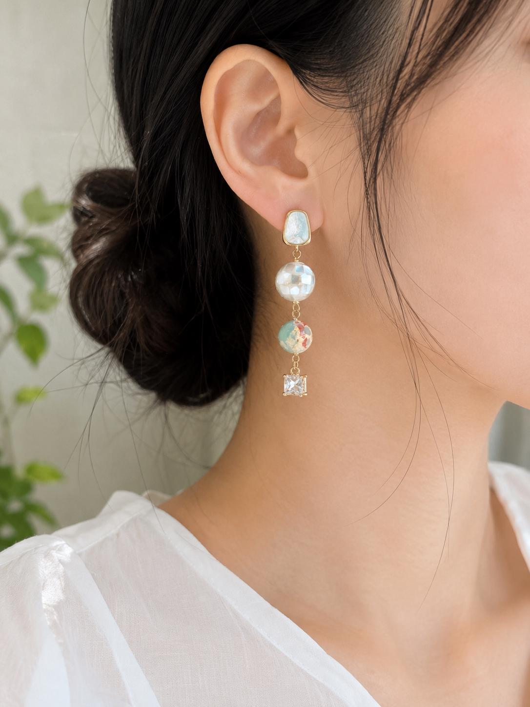 Amazonite and Mother of Pearl Drop Earrings, Geometric MOP Dangle, Natural Blue Stone Jewelry, White Shell Mosaic Earrings, Gold Plated Boho