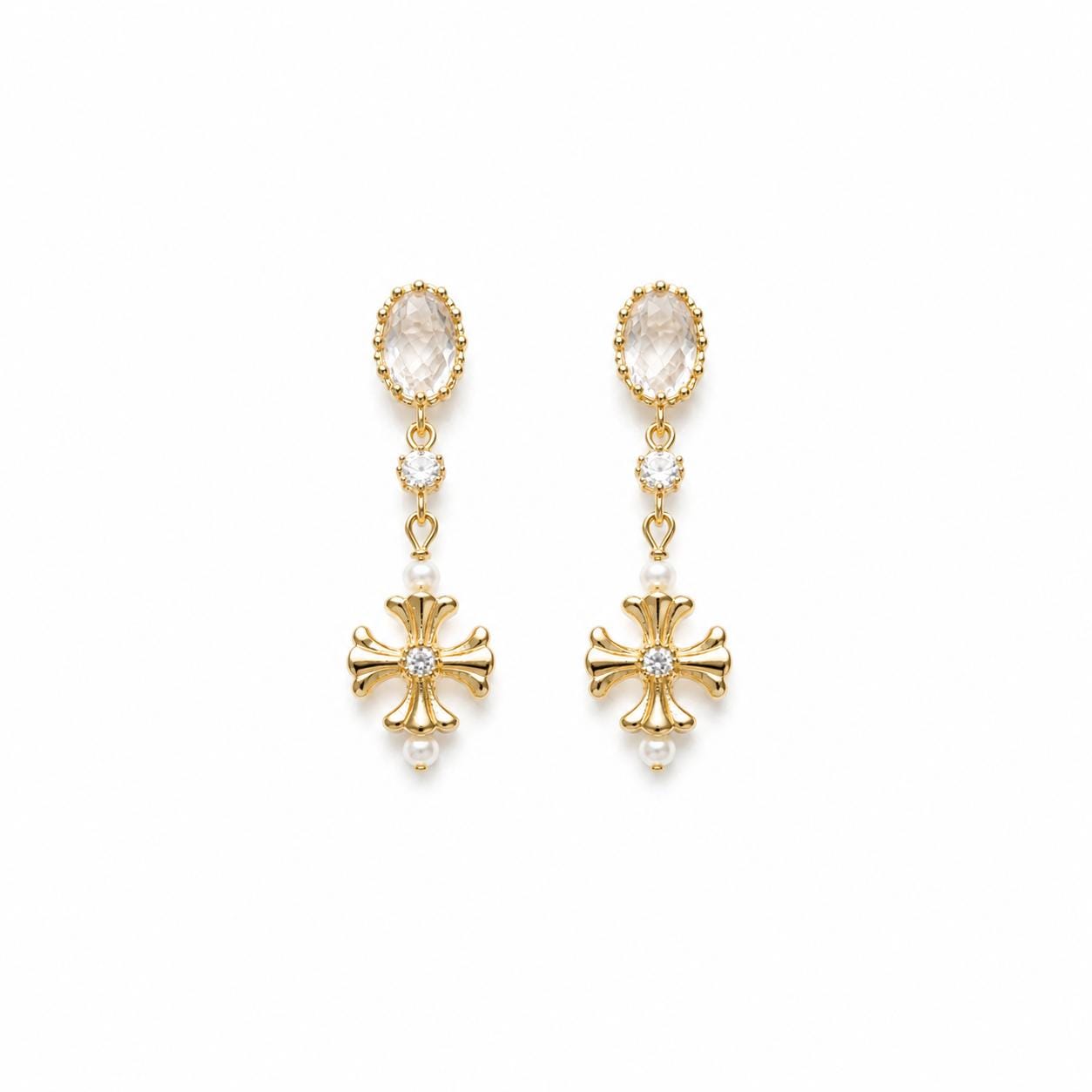 Vintage Gold Cross Earrings, Pearl Drop Earrings, Baroque Style Earrings, Elegant Bridal Jewelry, Feminine Statement Earrings, Romantic Gift