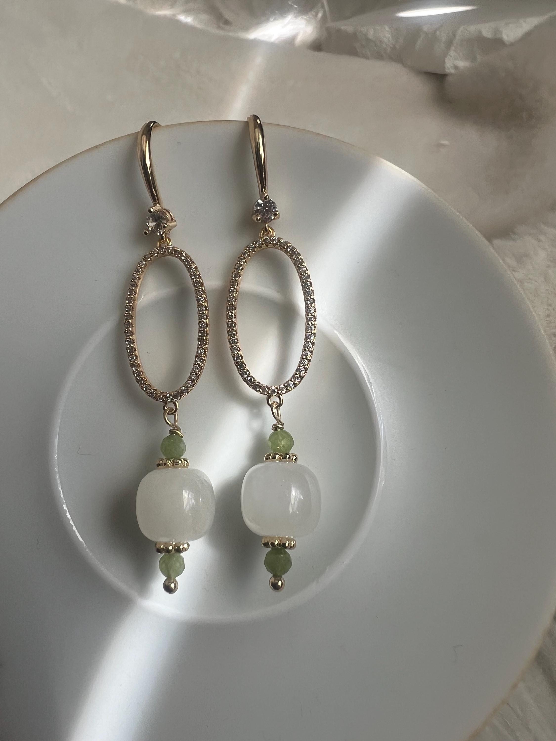 White Jade Drop Earrings, Gold Dangle Earrings, Minimalist Jade Jewelry, Delicate Bridal Earrings, Asian Inspired Jewelry