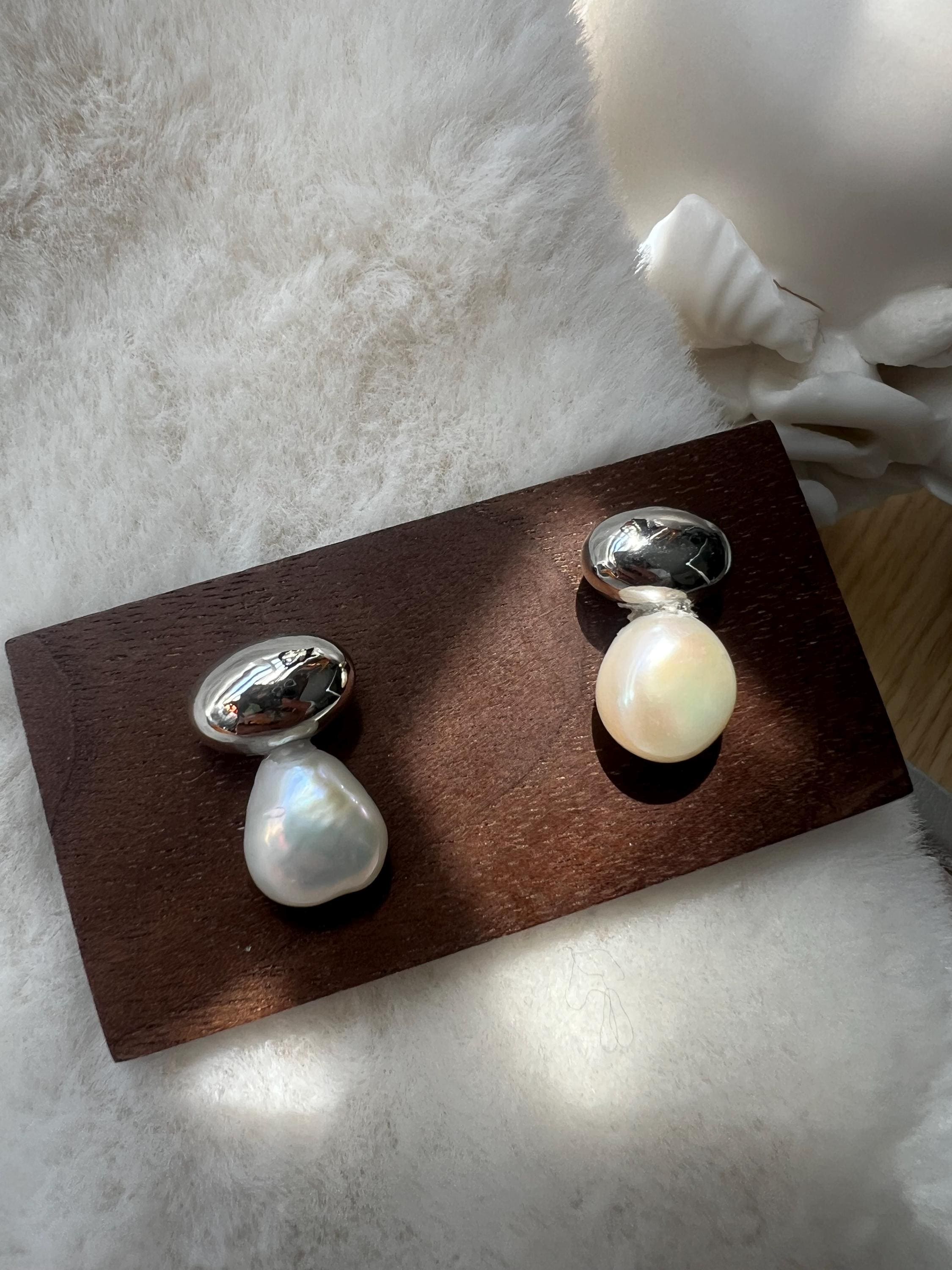 Irregular Pearl Studs, Scandi Style Jewelry, Organic Shape Earrings, Polished Silver Pebble Studs, Quiet Luxury Accessories.