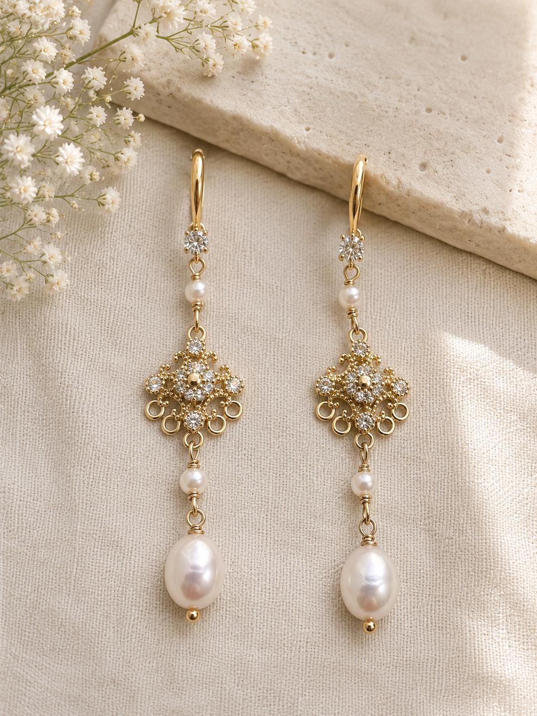 Vintage Pearl CZ Filigree Drop Earrings