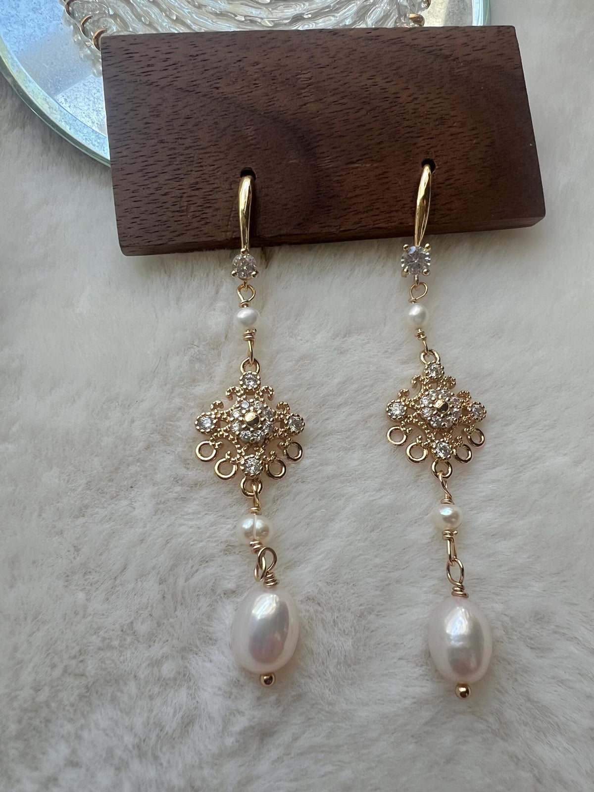 Vintage Pearl CZ Filigree Drop Earrings