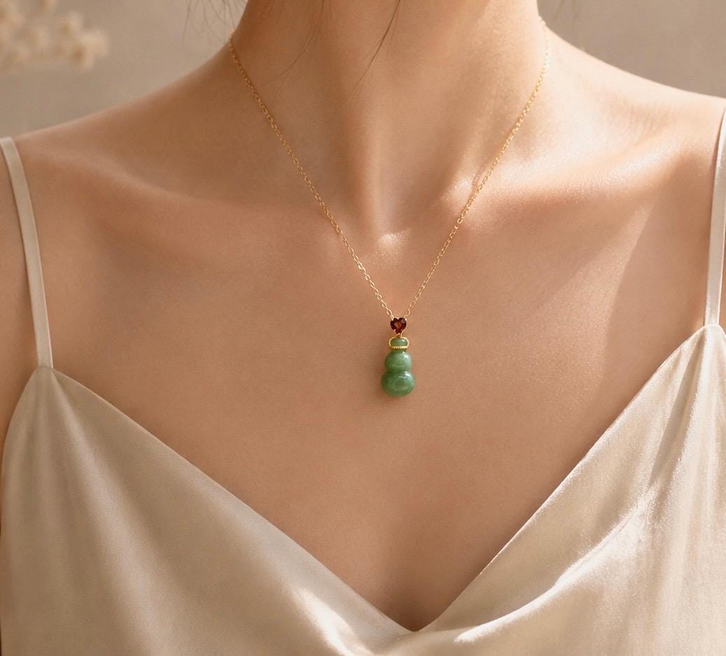 Green Nephrite Gourd & Ruby Pendant